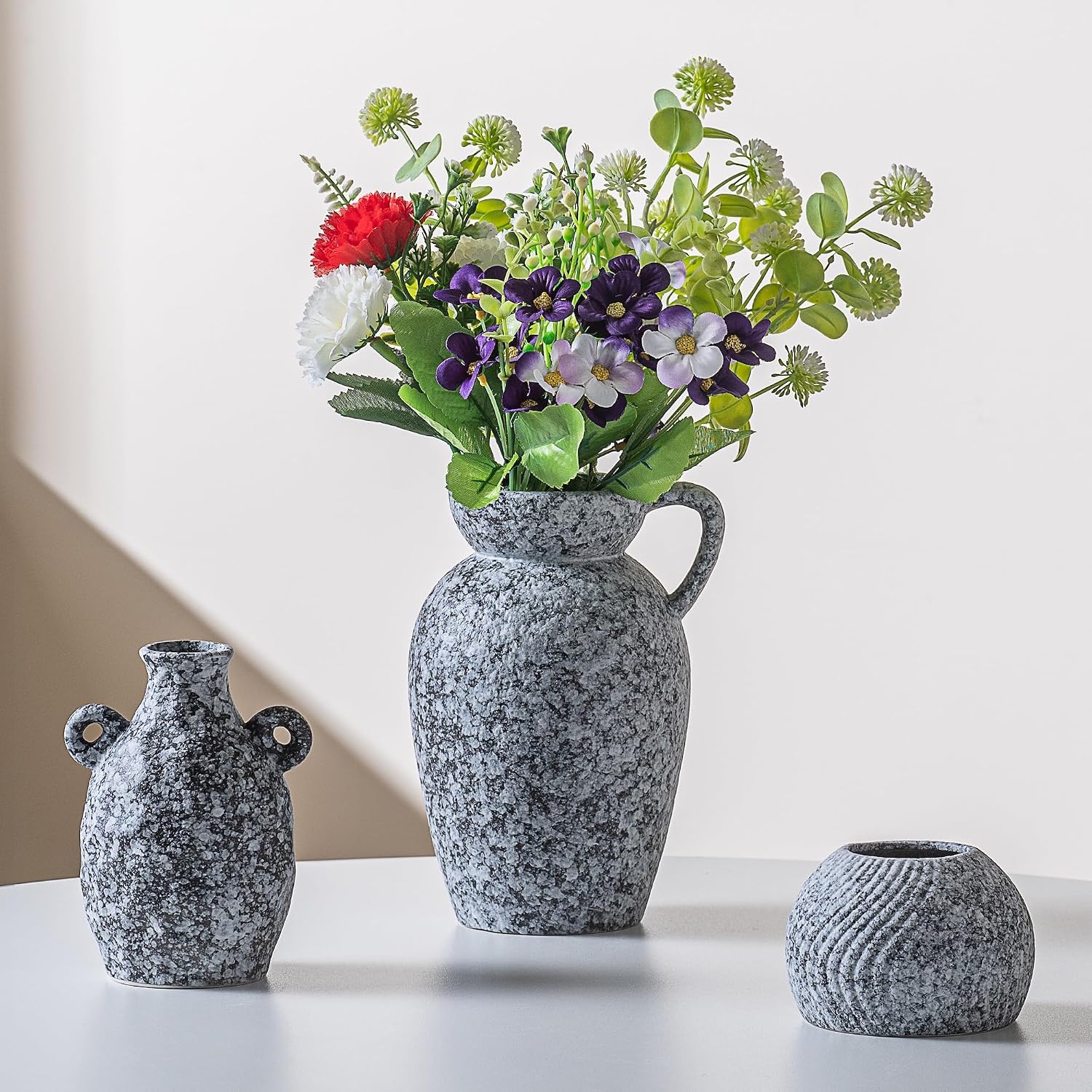 Black Ceramic Modern Rustic Farmhouse Vase Centerpiece / 16 Black & White / Set of 3