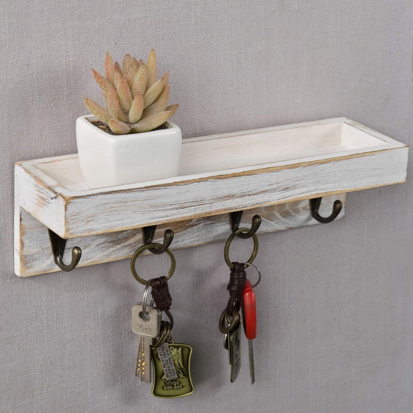 4 Metal Key Hooks / Whitewashed / 10 Inch