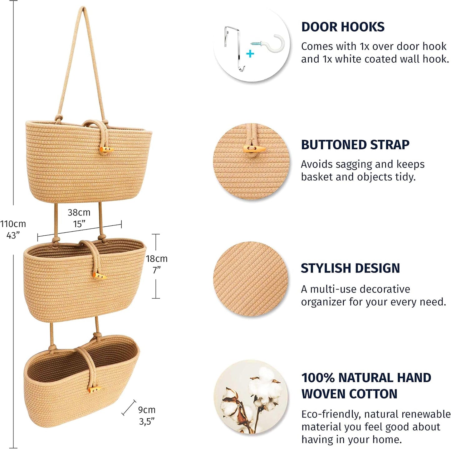 Hanging Wall Basket for Storage / Full Honey / 3-tier