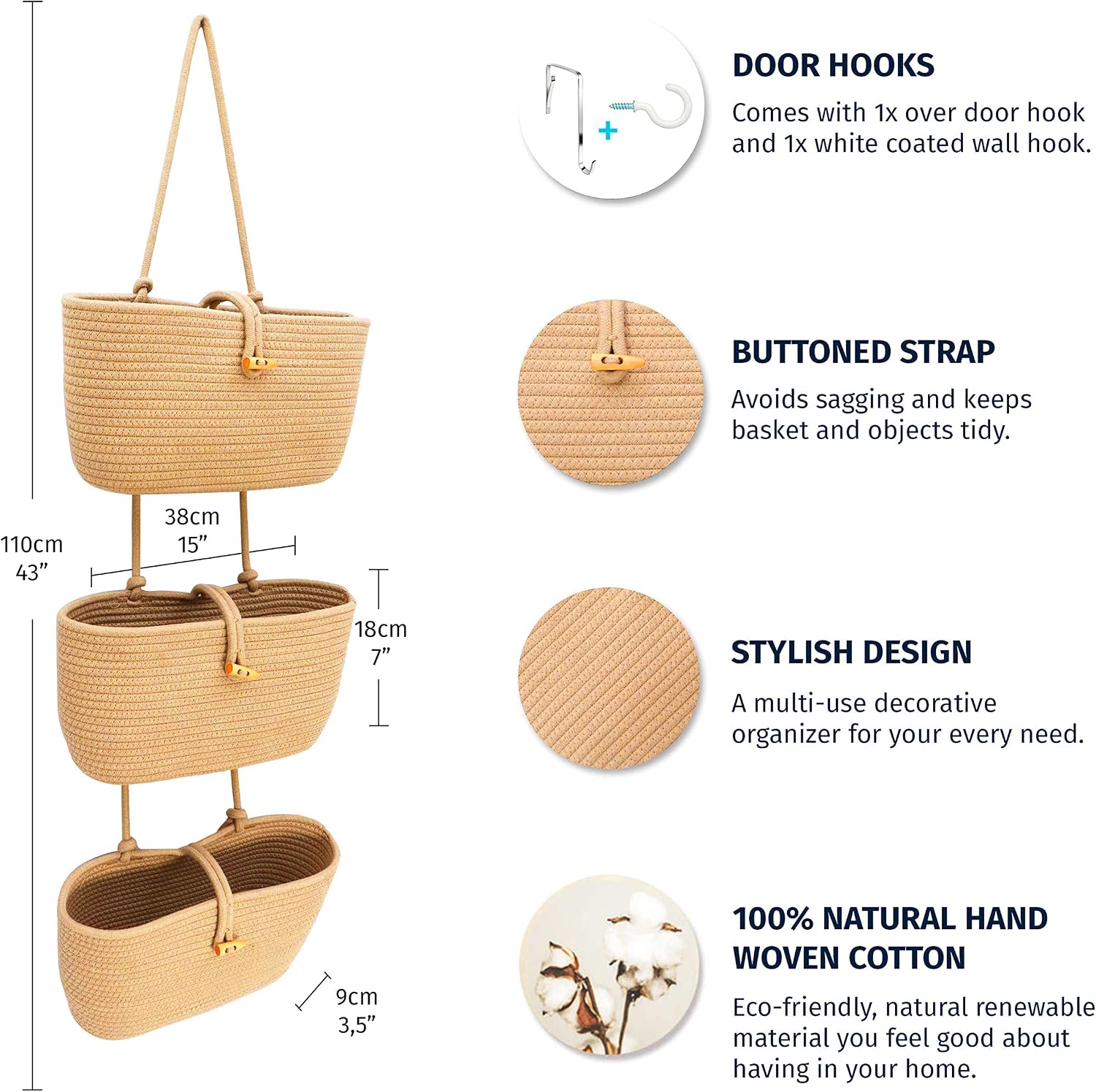 Hanging Wall Basket for Storage / Full Honey / 3-tier