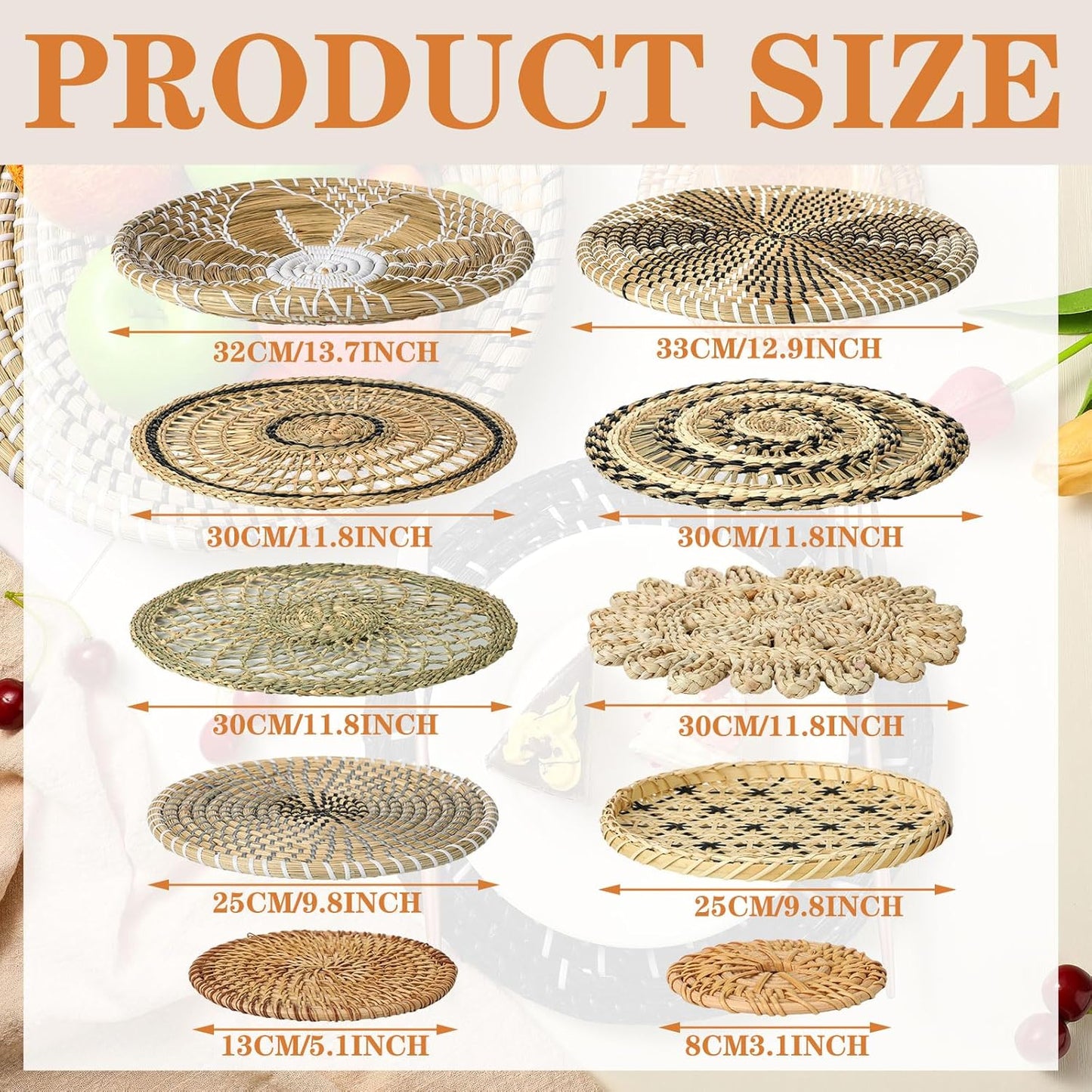 Boho Wall Basket Decor Bulrush Woven Wall Hanging Art Round Farmhouse Rustic / Vivid / Set of 11