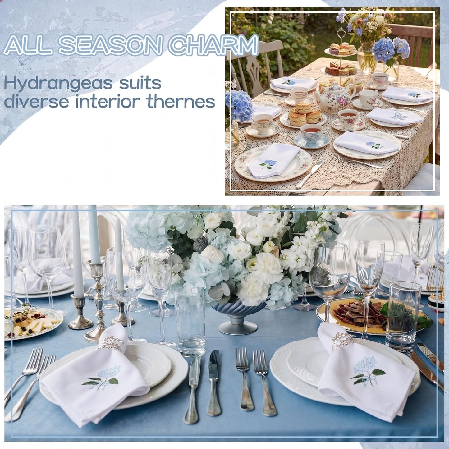HunnmingRe 12 Pcs Blue Hydrangea Cloth Napkins Bulk 100% Cotton, 17x17inch | Summer Floral Dinner Tea Party, Cocktail