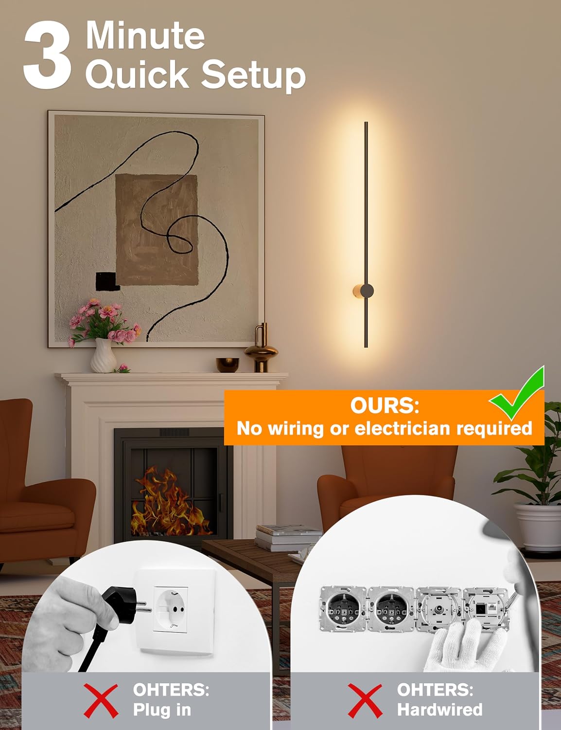 JOFIOS Battery Operated Wall Sconces Set of 2,10000mAh 35.4 Inch Black | Rechargeable Wireless Sconces with Remote