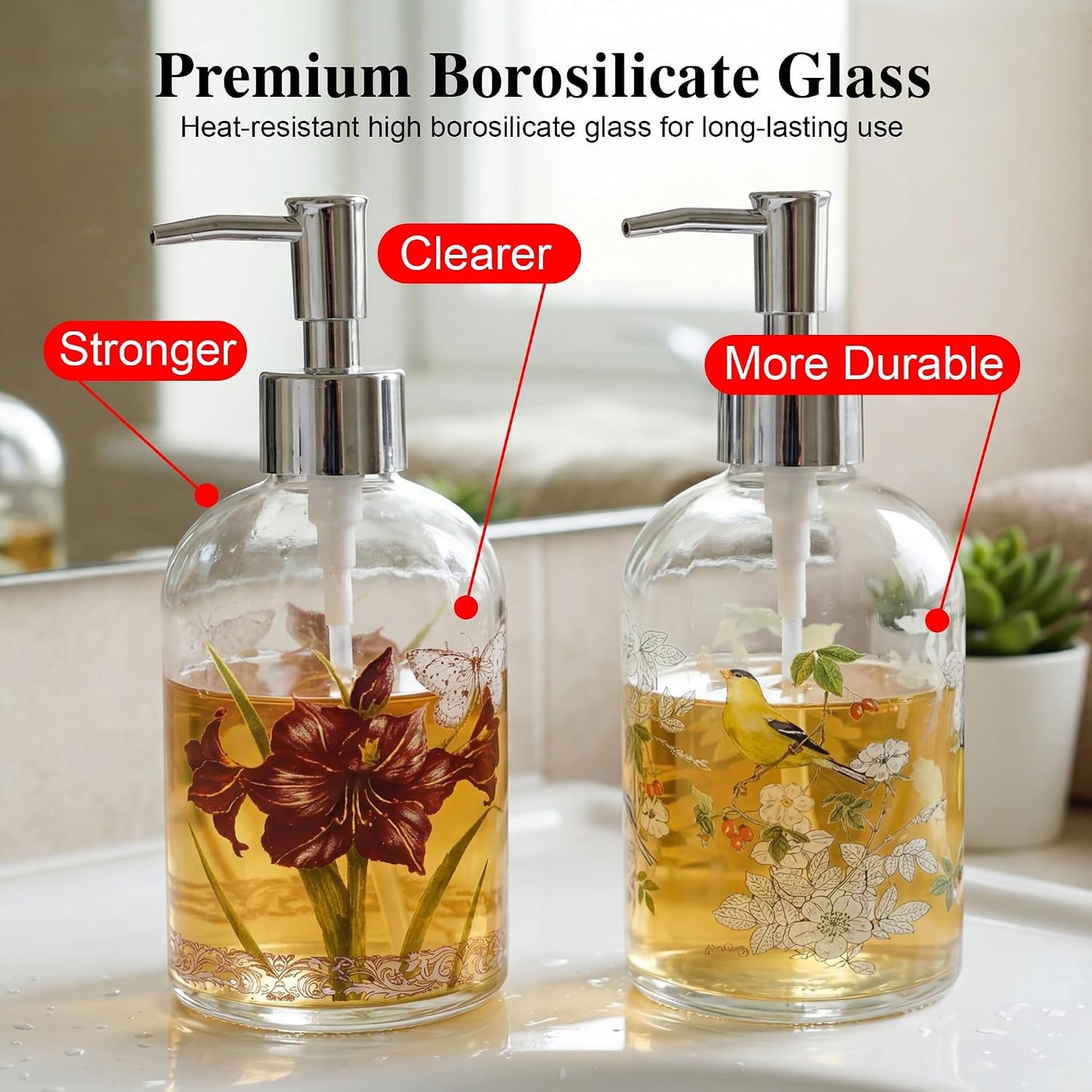 Topadorn Glass Soap Dispenser Set, Hand & Dish Soap Bottles with Pump | 2 Pack Botanical Glass Bottles • Vintage Floral