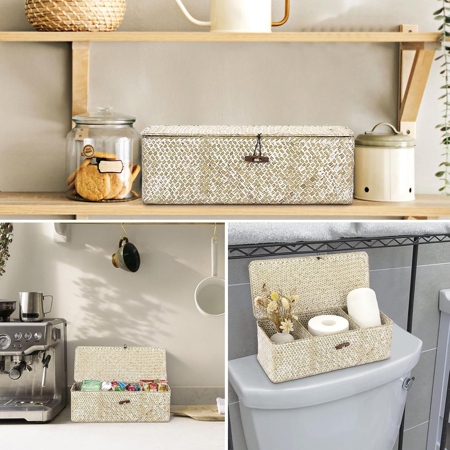 Seagrass Storage Basket Bin 3 Sections Hand-Woven Wicker Baskets / Medium / Whitewash