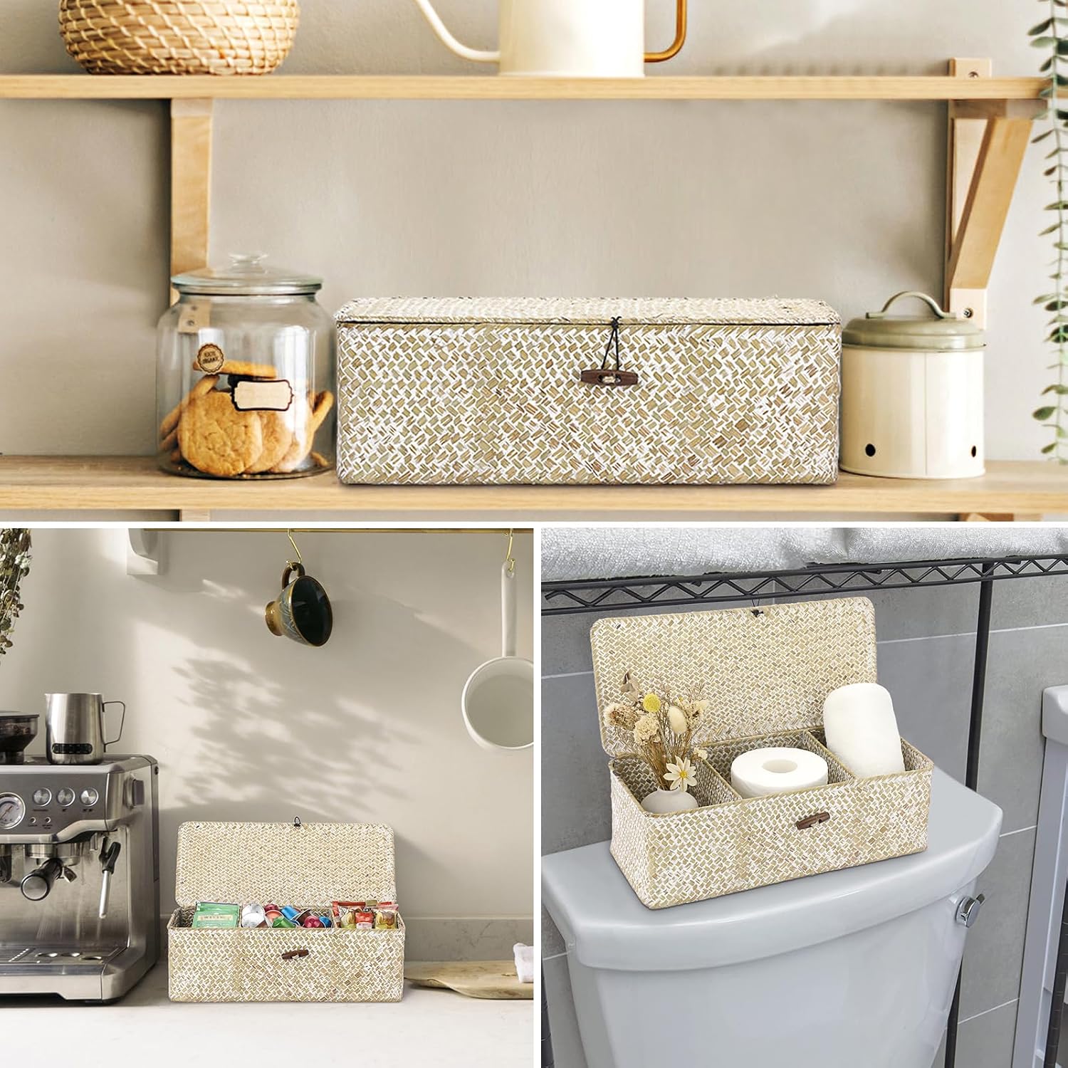 Seagrass Storage Basket Bin 3 Sections Hand-Woven Wicker Baskets / Medium / Whitewash
