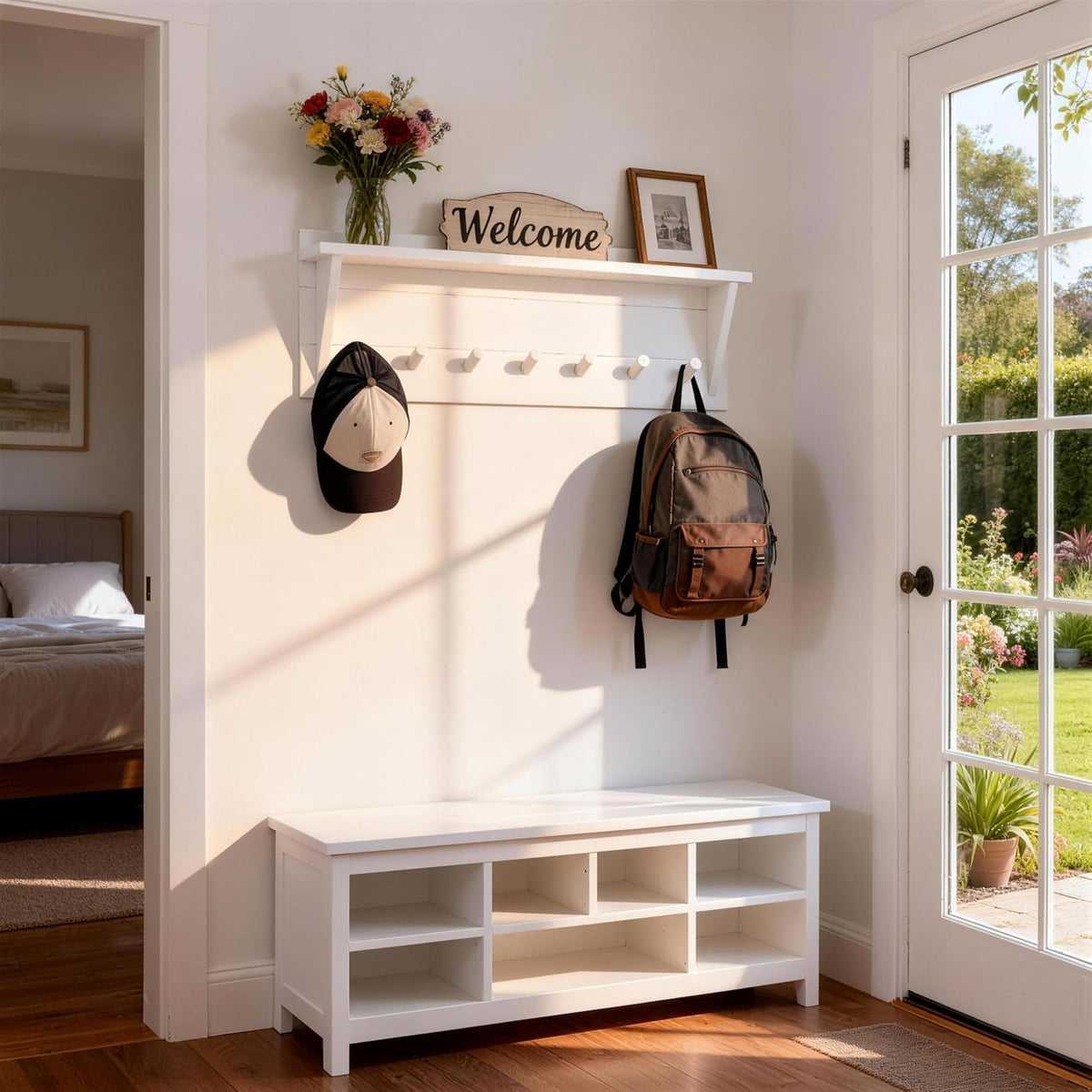 WEBI Coat Rack Wall Mount with Shelf,30" Long Entryway Wall Shelf with Hooks Underneath,7 Peg Hooks for Hanging