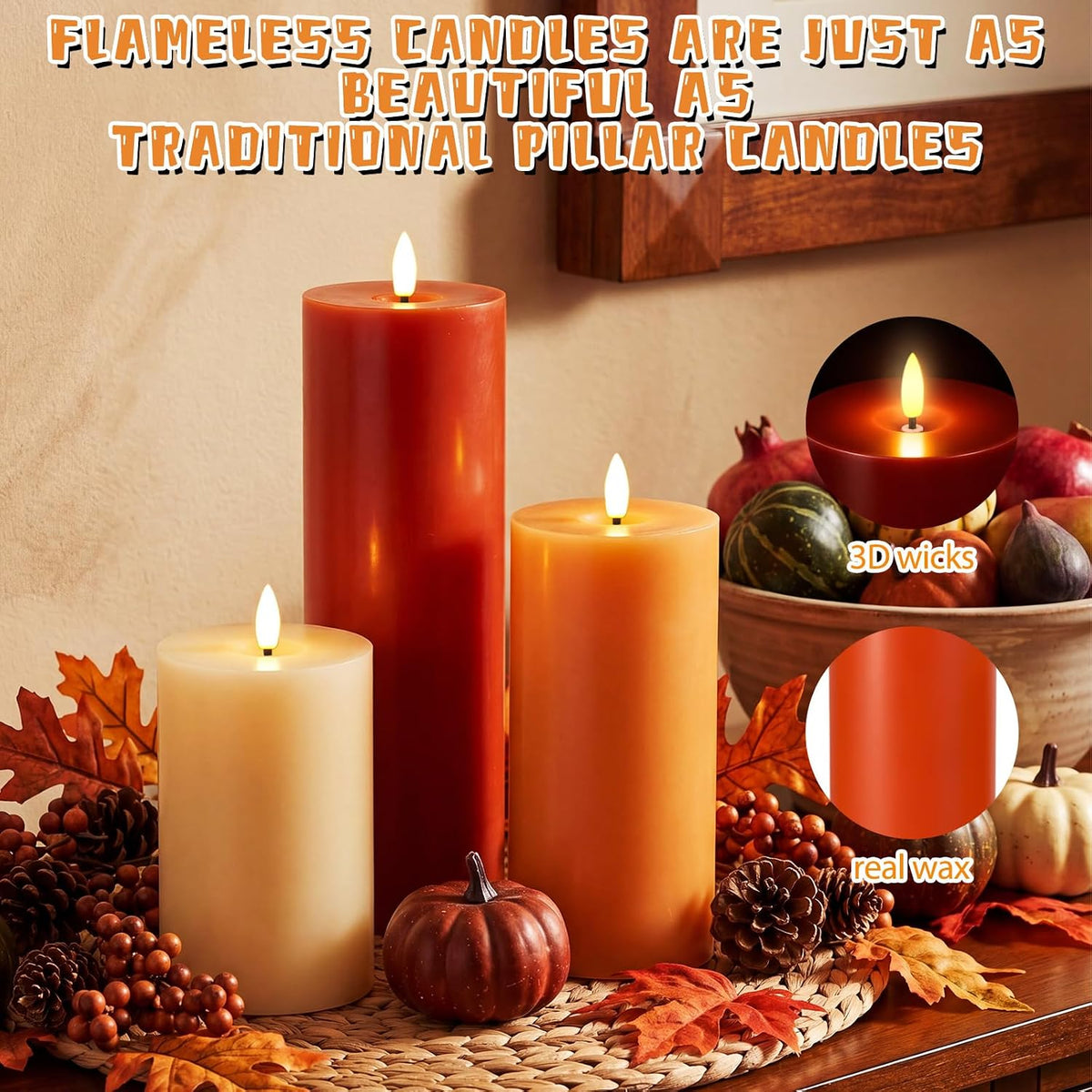 3 Pcs Fall 6/8/12 Inches Flameless LED Candles with Remote and 2/4/8h Timer Yellow Cream Orange Battery Electronic Wax