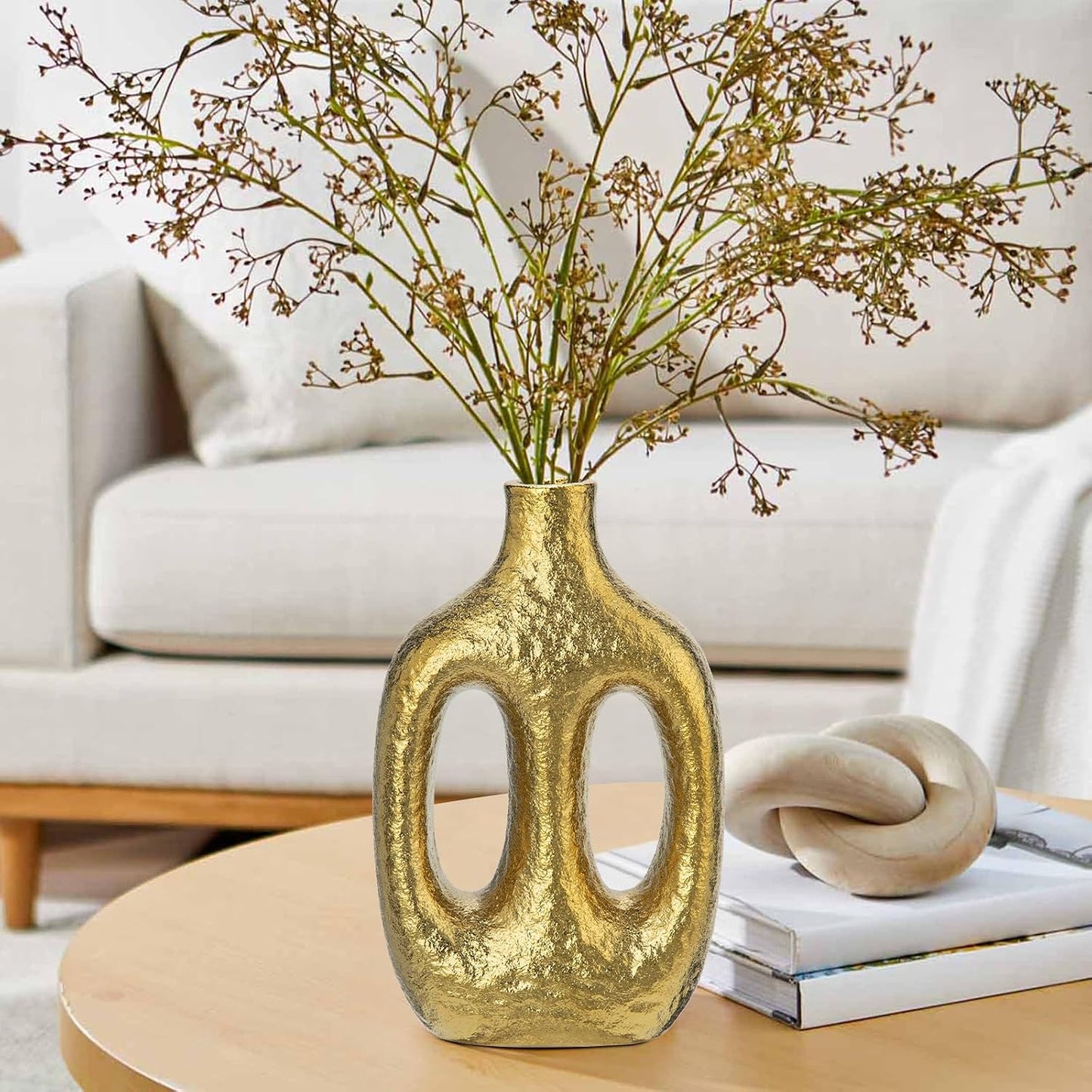 Modern Ceramic Vase Vases for Centerpieces Shelf Entryway Coffee / Double Hole / Gold / 9.4 Inch