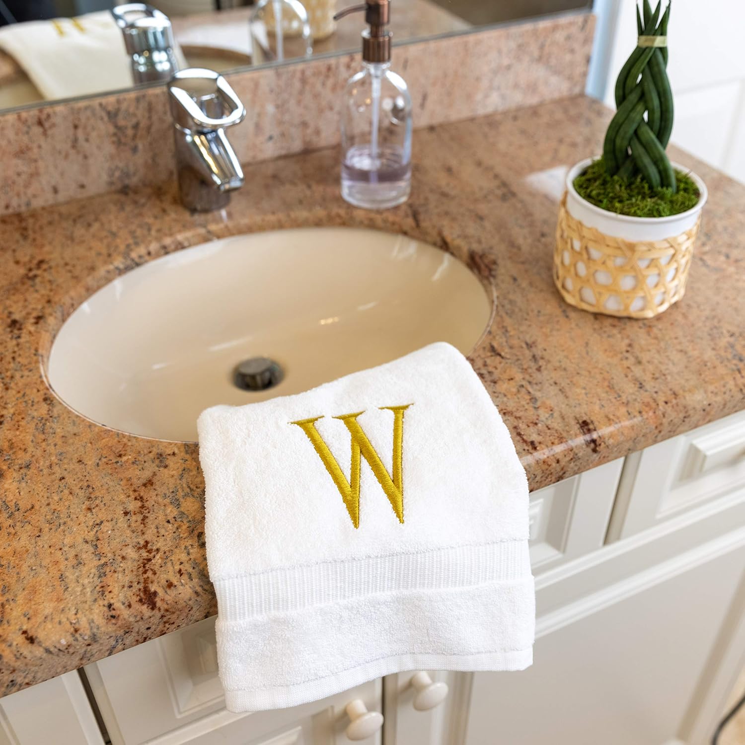 White with Gold Monogrammed Hand Towels for Bathroom - Set of 2 Letter W | Luxury Hotel Quality Initial Towels For