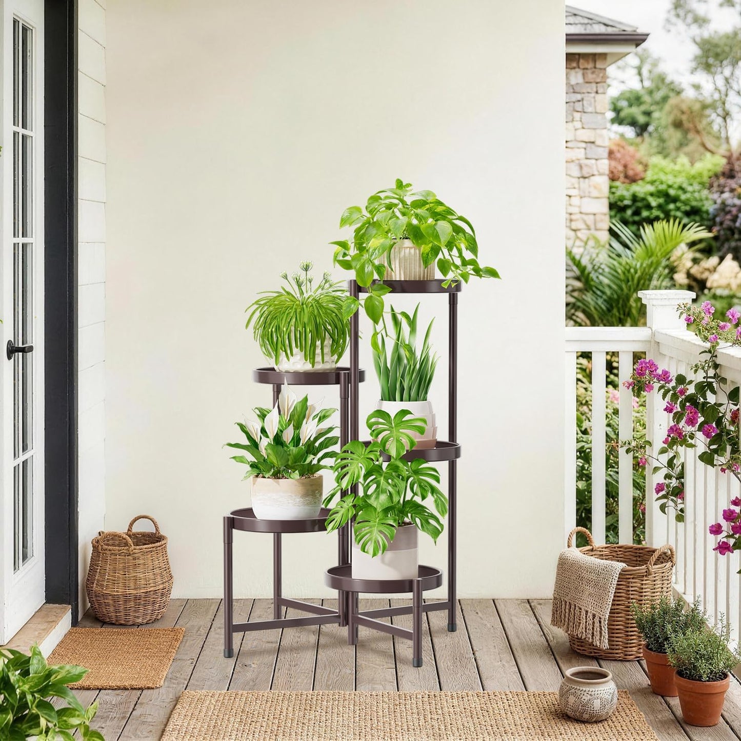 iDavosic.ly 5 Tier Large Plant Stand Indoor Outdoor, 10 Inch Tray, Bronze | Tiered Metal Corner Heavy Duty Multiple