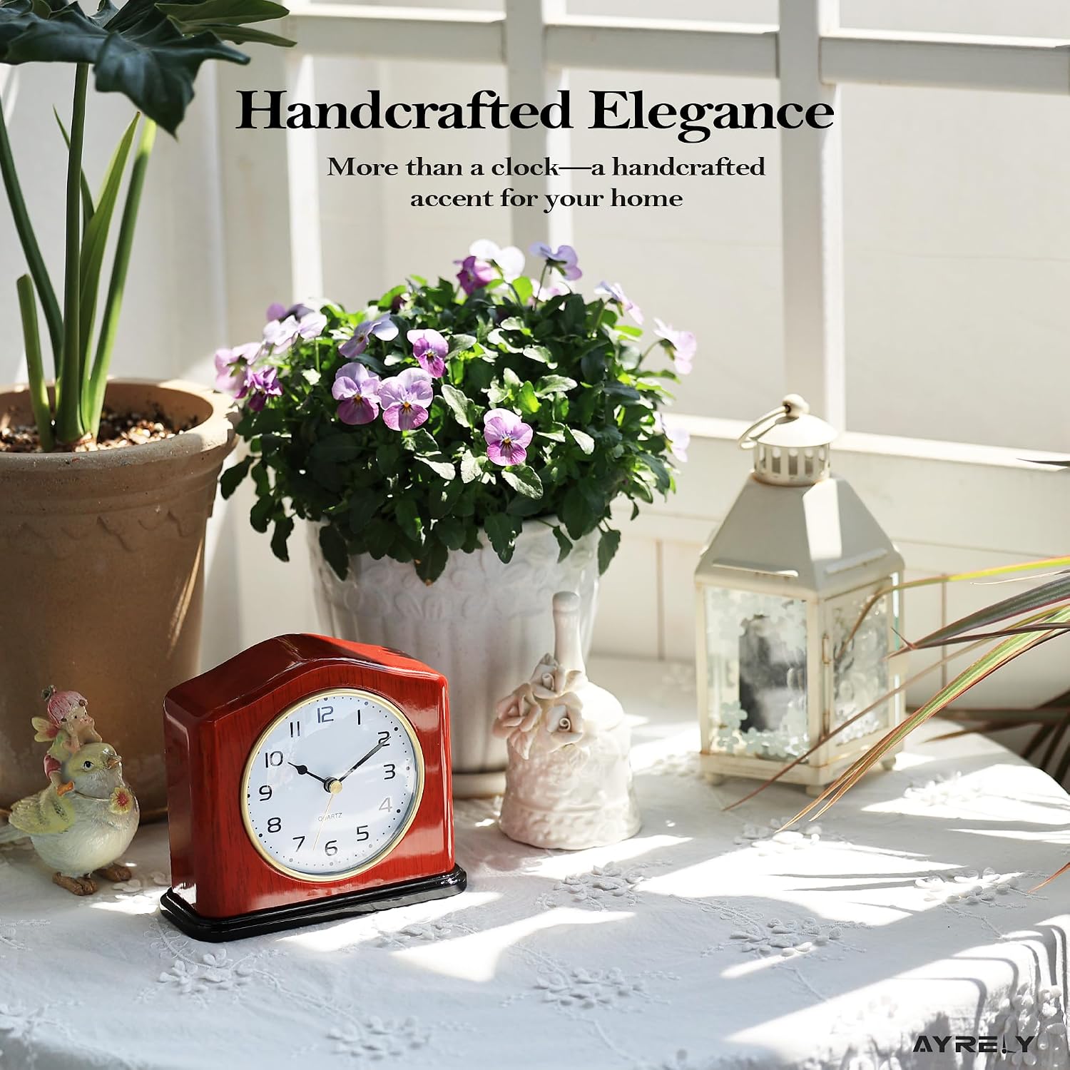 AYRELY® Mantel Clock, Handcrafted Solid Wood Desk Clock with Silent Movement, Piano-Gloss Finish, Elegant Table Clock