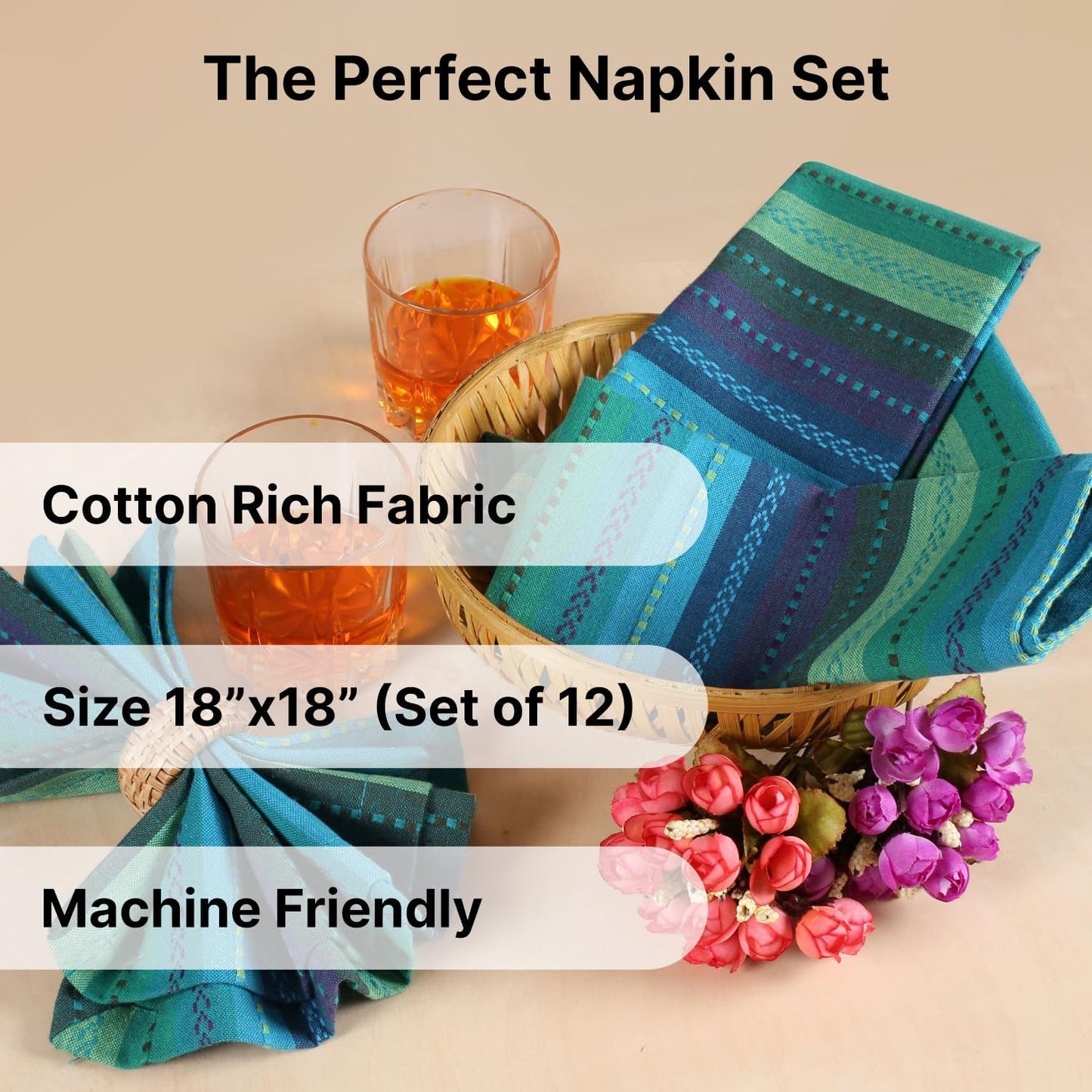 LFH Home Cotton Rich Cloth Salsa Napkin Set of 12 Washable Soft Durable Striped Table Napkins for Dining Wedding, Daily