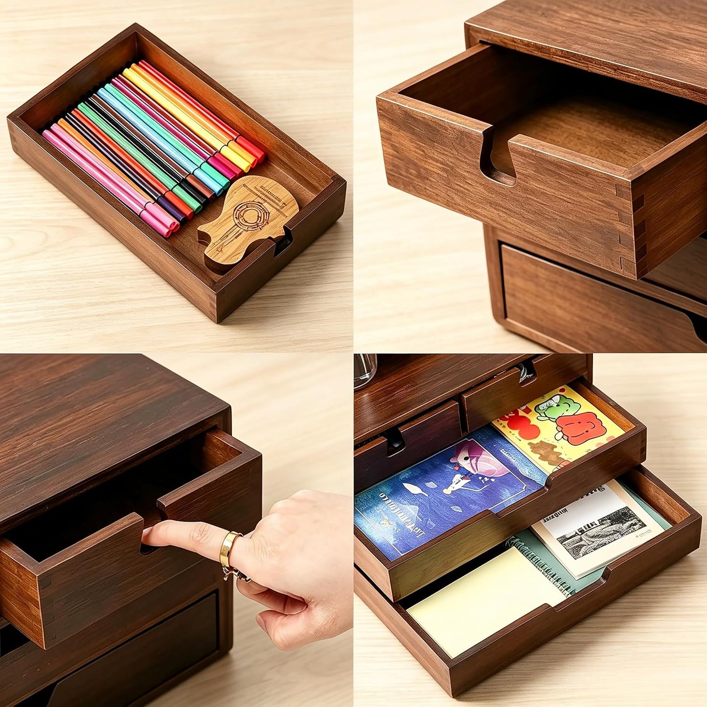 Bamboo Desk Organizer, 100% Natural Bamboo Desktop Drawer Organizer, Dark Brown Tabletop Storage Cabinet Organization