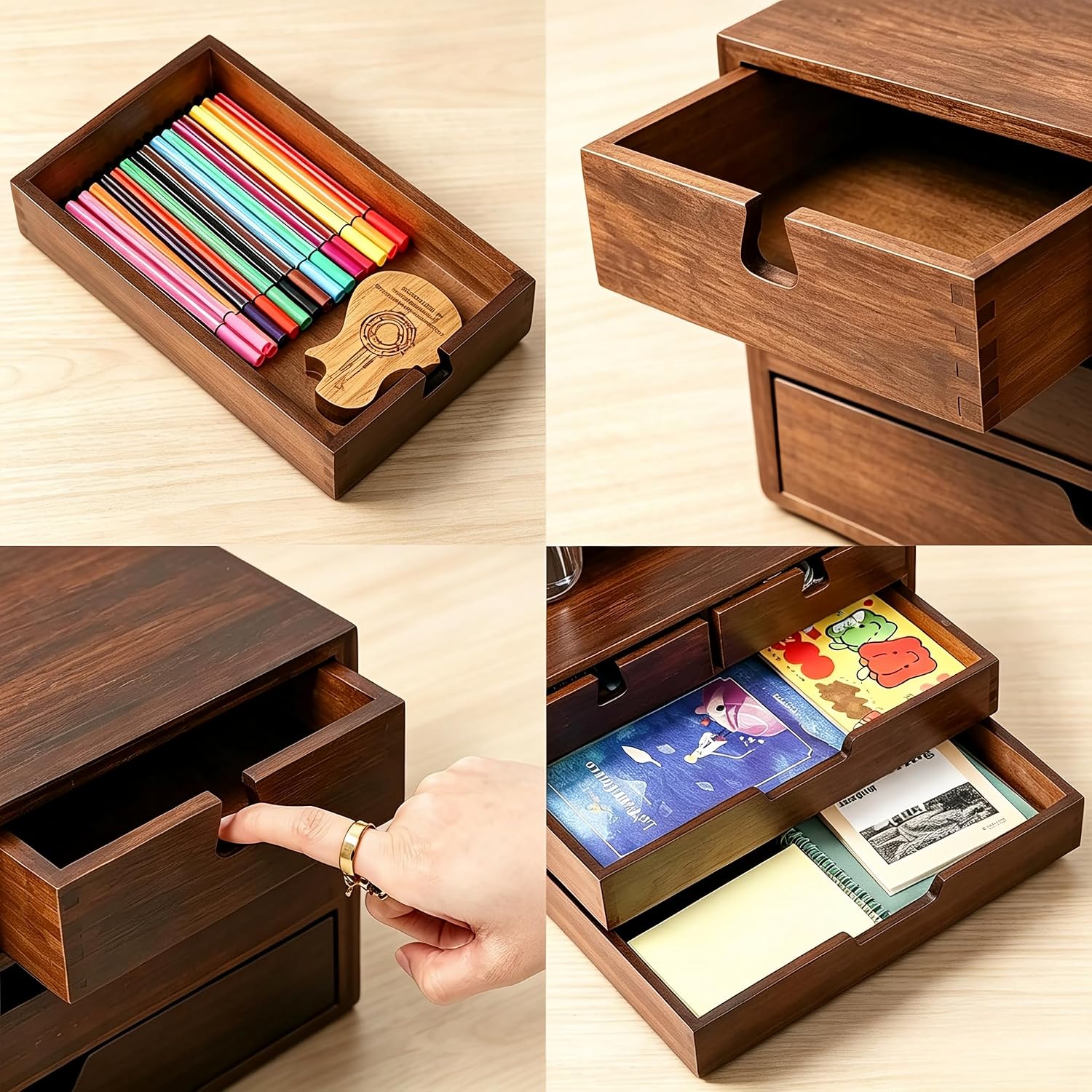 Bamboo Desk Organizer, 100% Natural Bamboo Desktop Drawer Organizer, Dark Brown Tabletop Storage Cabinet Organization
