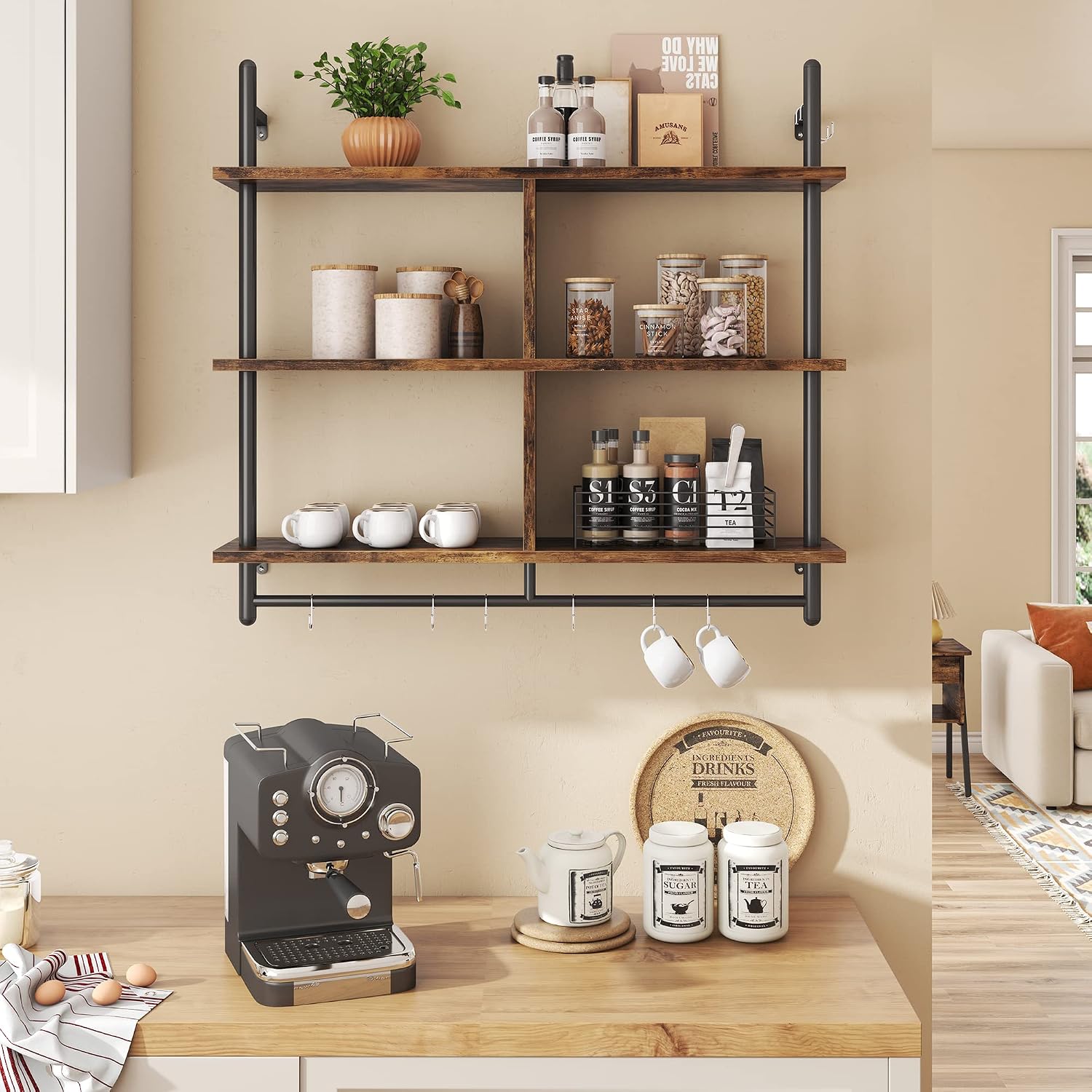Bestier 41.5" Floating Shelves for Wall 3 Tier Kitchen Shelves Wall Mounted Coffee Bar Shelf Hanging Shelf with 8
