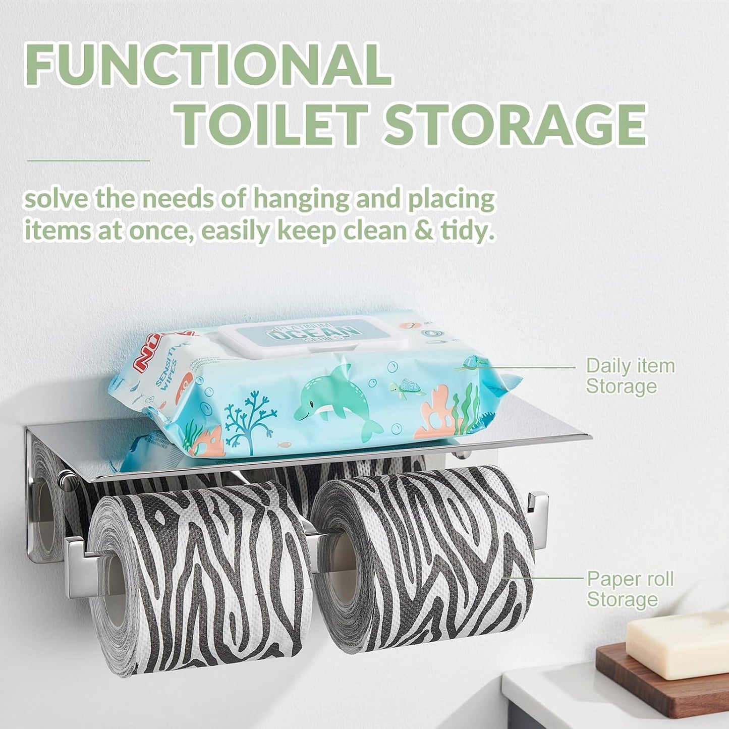 APLusee Double Toilet Paper Holder with Storage Shelf, Polished Chrome | Rustproof 304 Stainless Steel for Bathroom