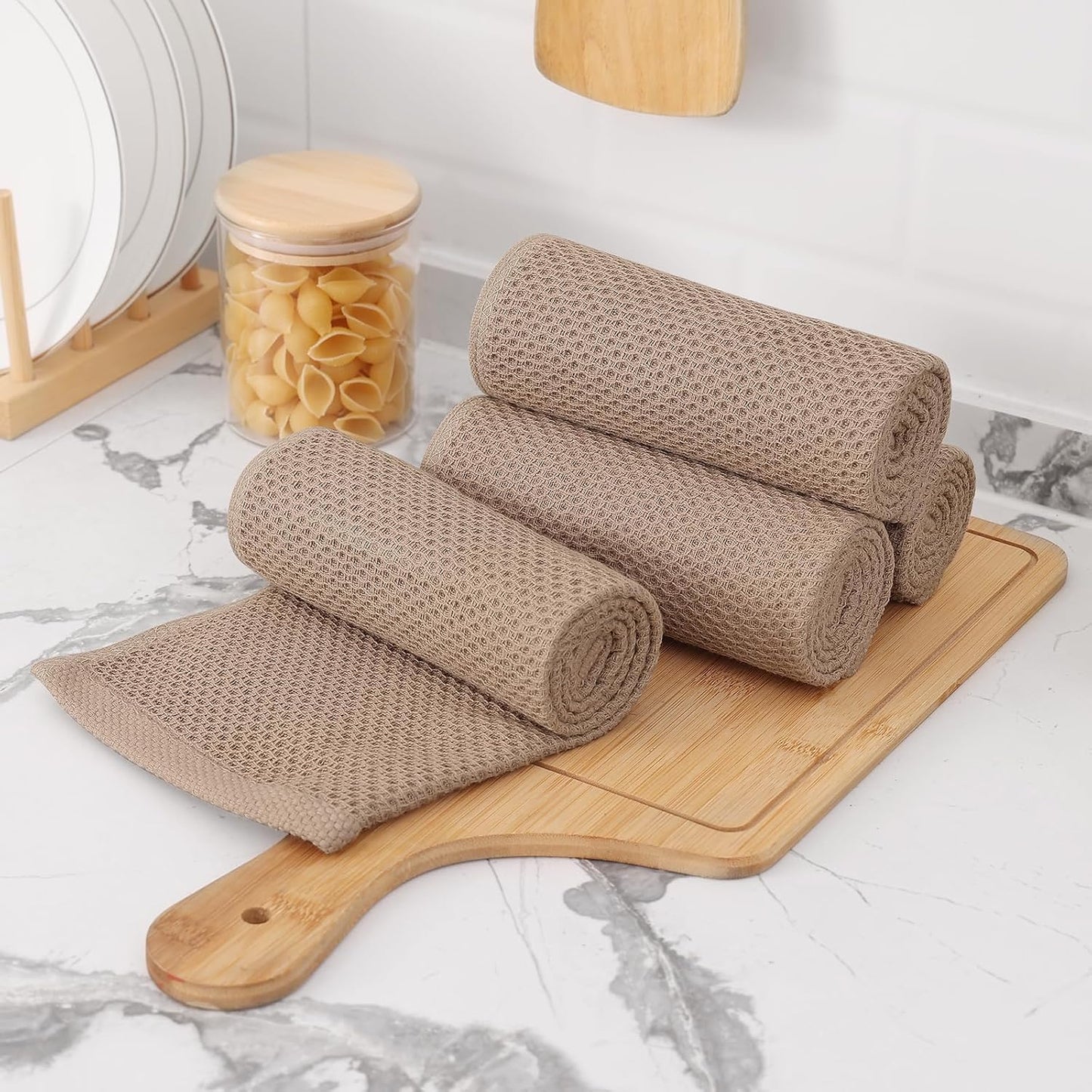 Kitinjoy 100% Cotton Waffle 6-Pack Kitchen Towels, 13" x 28", Tan | Super Soft, Ultra-Absorbent, Fast Drying
