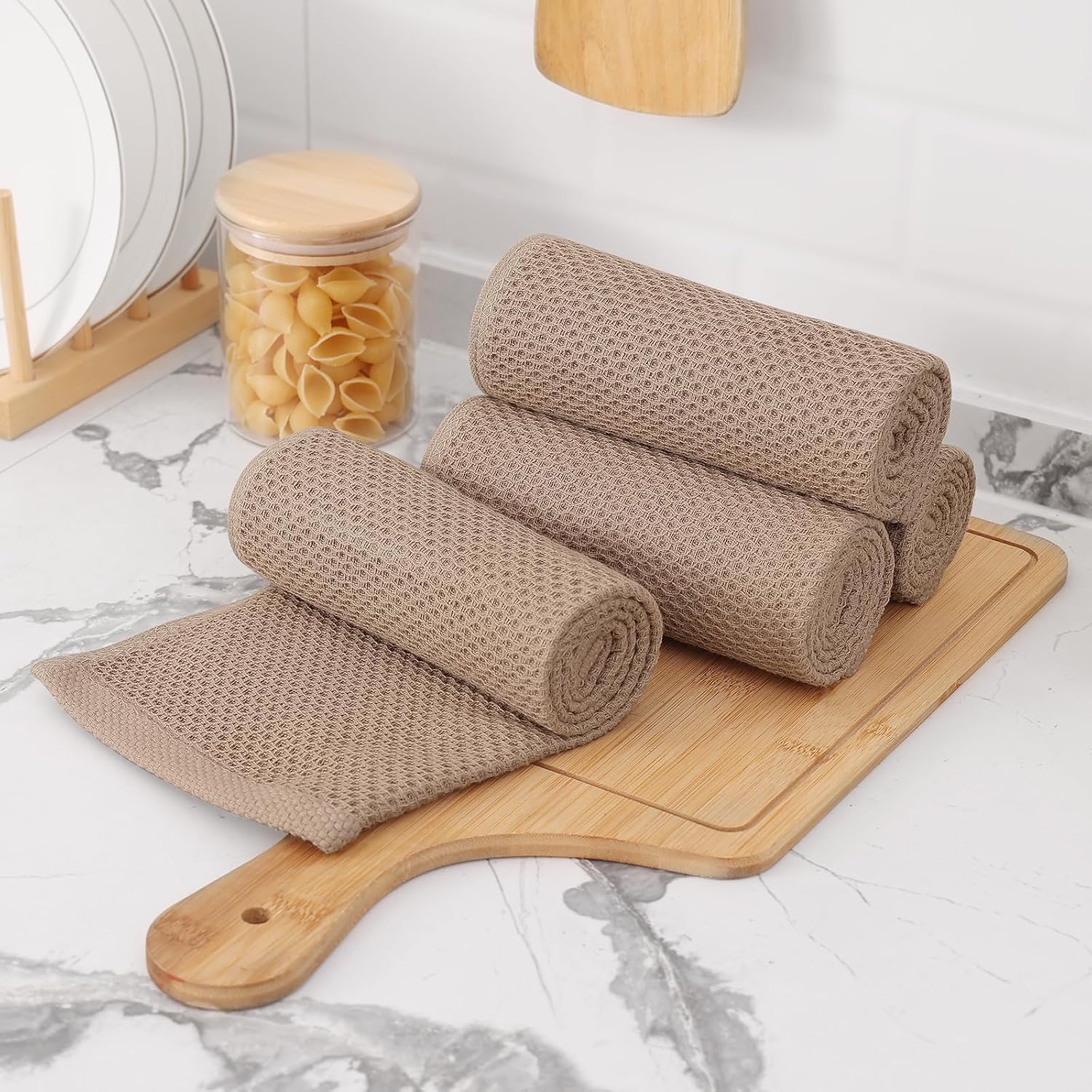 Kitinjoy 100% Cotton Waffle 6-Pack Kitchen Towels, 13" x 28", Tan | Super Soft, Ultra-Absorbent, Fast Drying