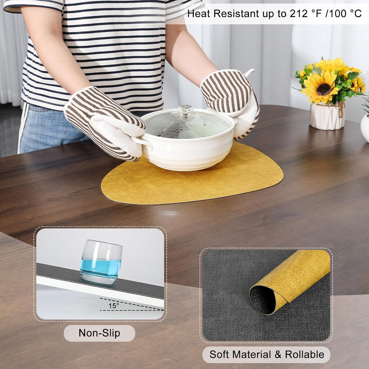 Faux Leather Placemats Set of 6, Dual Sided with Drink Coasters | Washable Wipeable Place Mats, Non Slip Heat Resistant