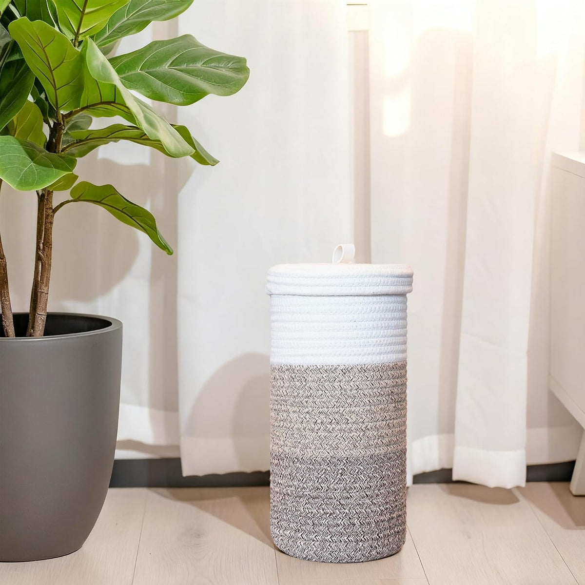 Toilet Paper Holder Handmade – Woven Cotton Toilet Paper Stand & Storage Basket with Lid, Freestanding Organizer for