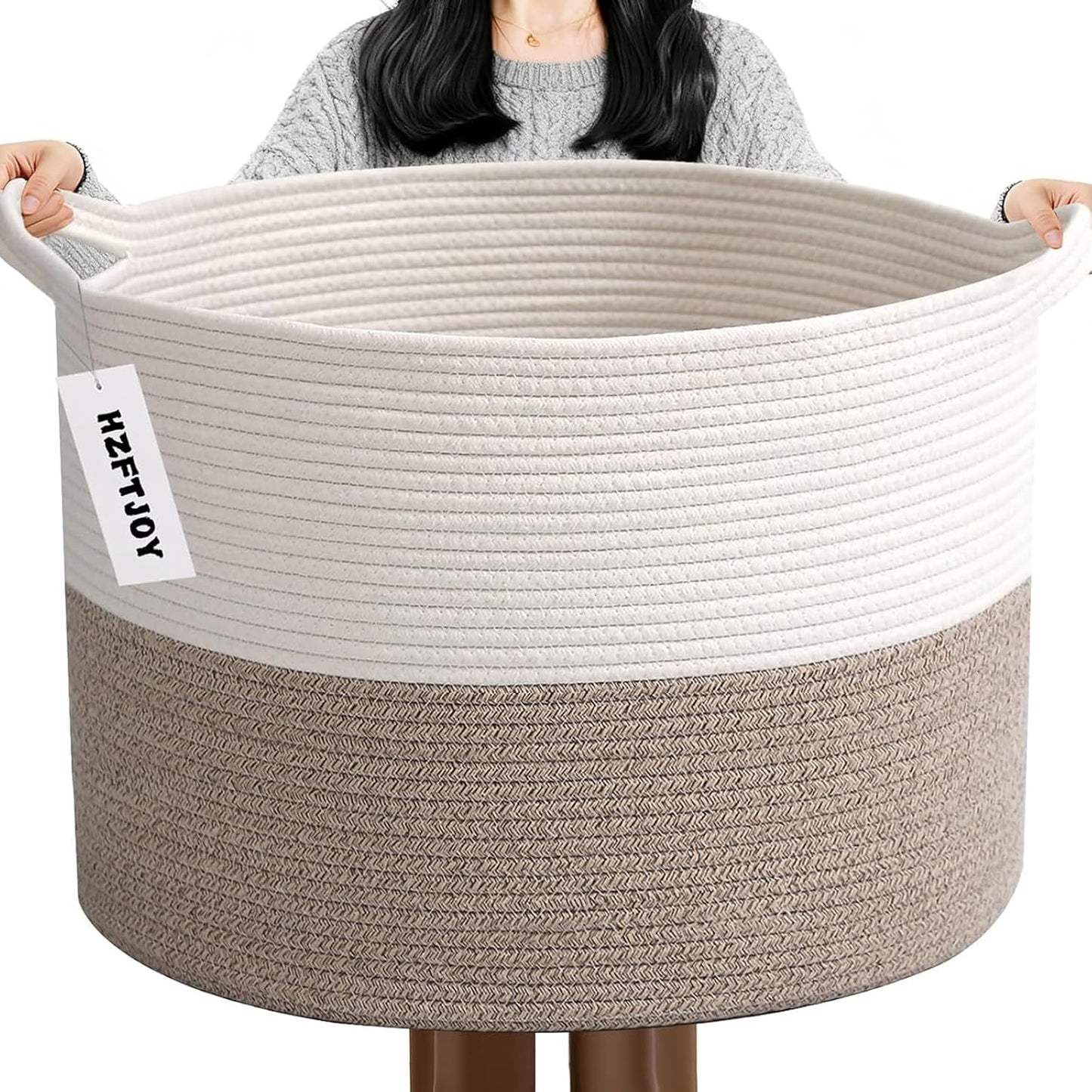 90L Woven Blanket Basket,Extra Large Laundry Basket-White & Brown