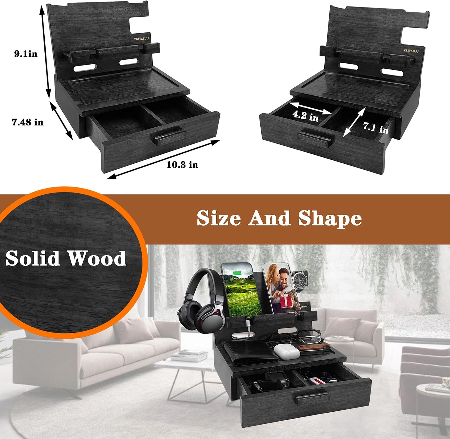 Gifts for Him Husband Boyfriend Son Men Nightstand Organizer Wood Phone Docking Station / Black