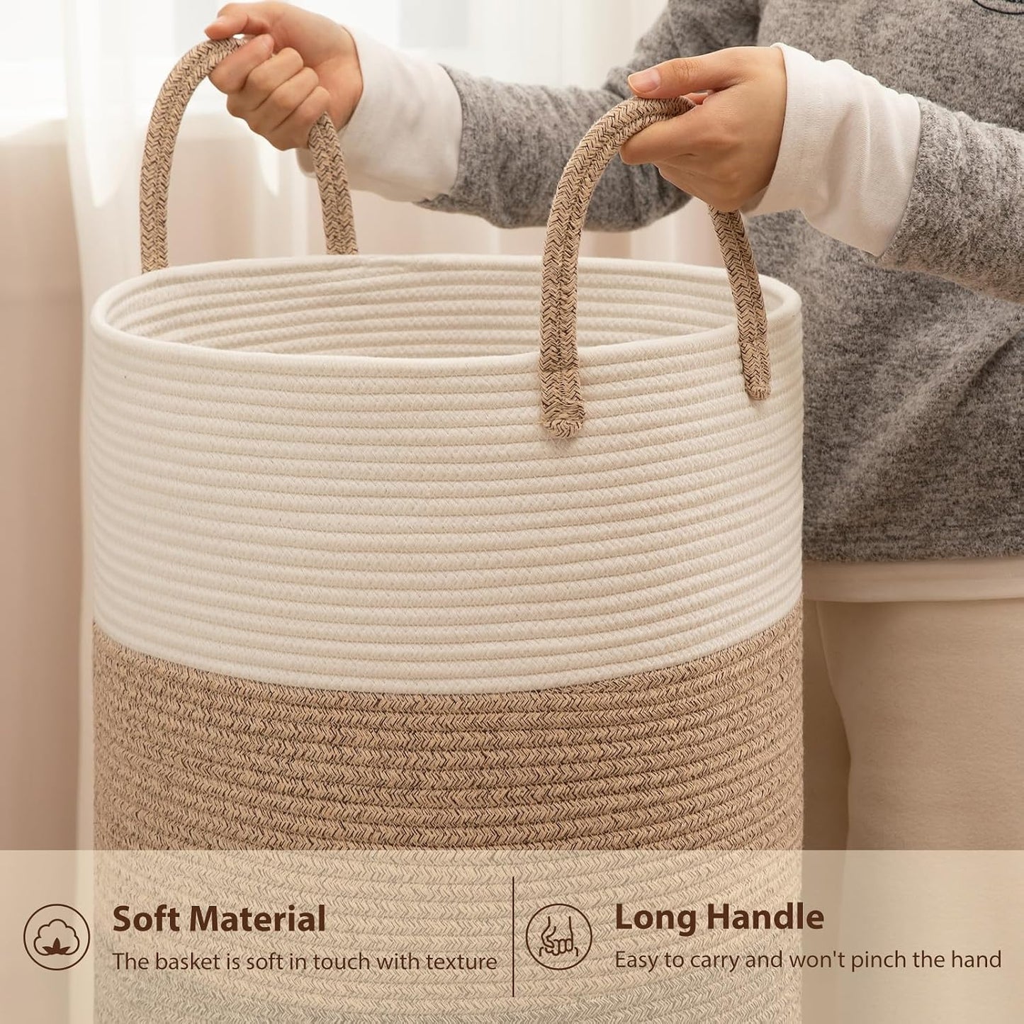 Cotton Rope Woven Basket for Blankets / Gradient Brown / 60L