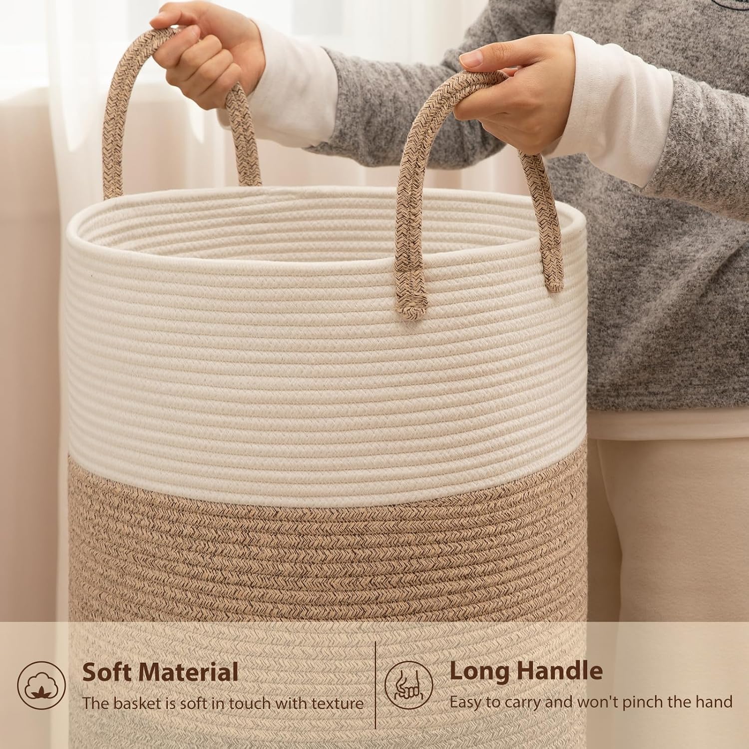 Cotton Rope Woven Basket for Blankets / Gradient Brown / 60L