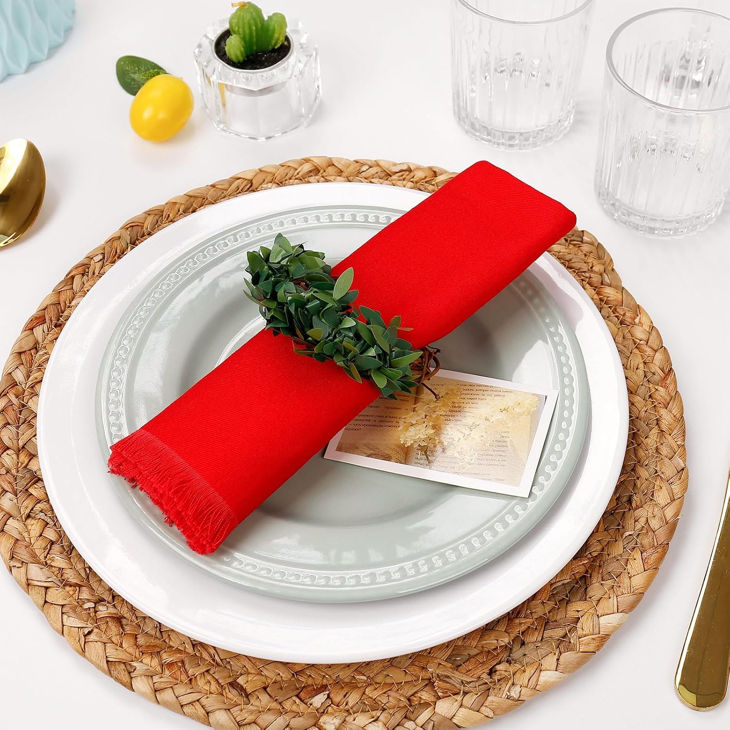 Spring Wreath Farmhouse Napkin Rings Greenery Napkin Holders Rattan / Green Leaves / Set of 6