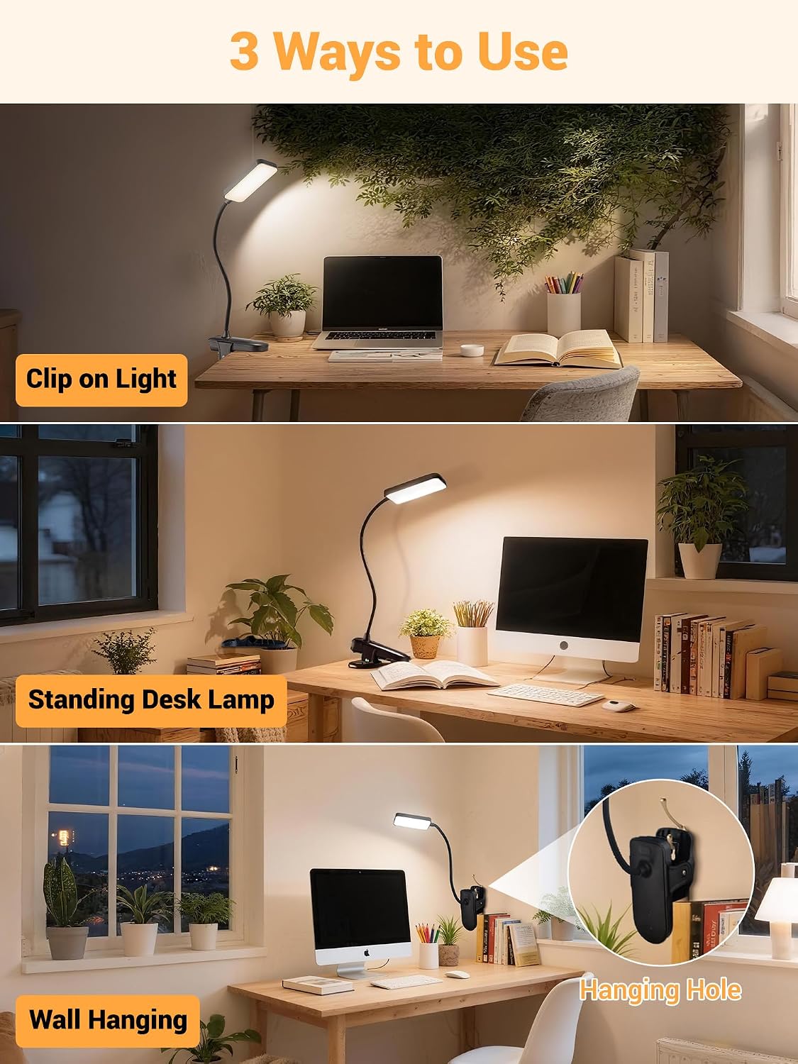 Clip on Light,9 Brightness+5 Color Rechargeable Lamp,48 LED Small Desk Lamp | 4000mAh Battery Powered Lamp,450 Lumen