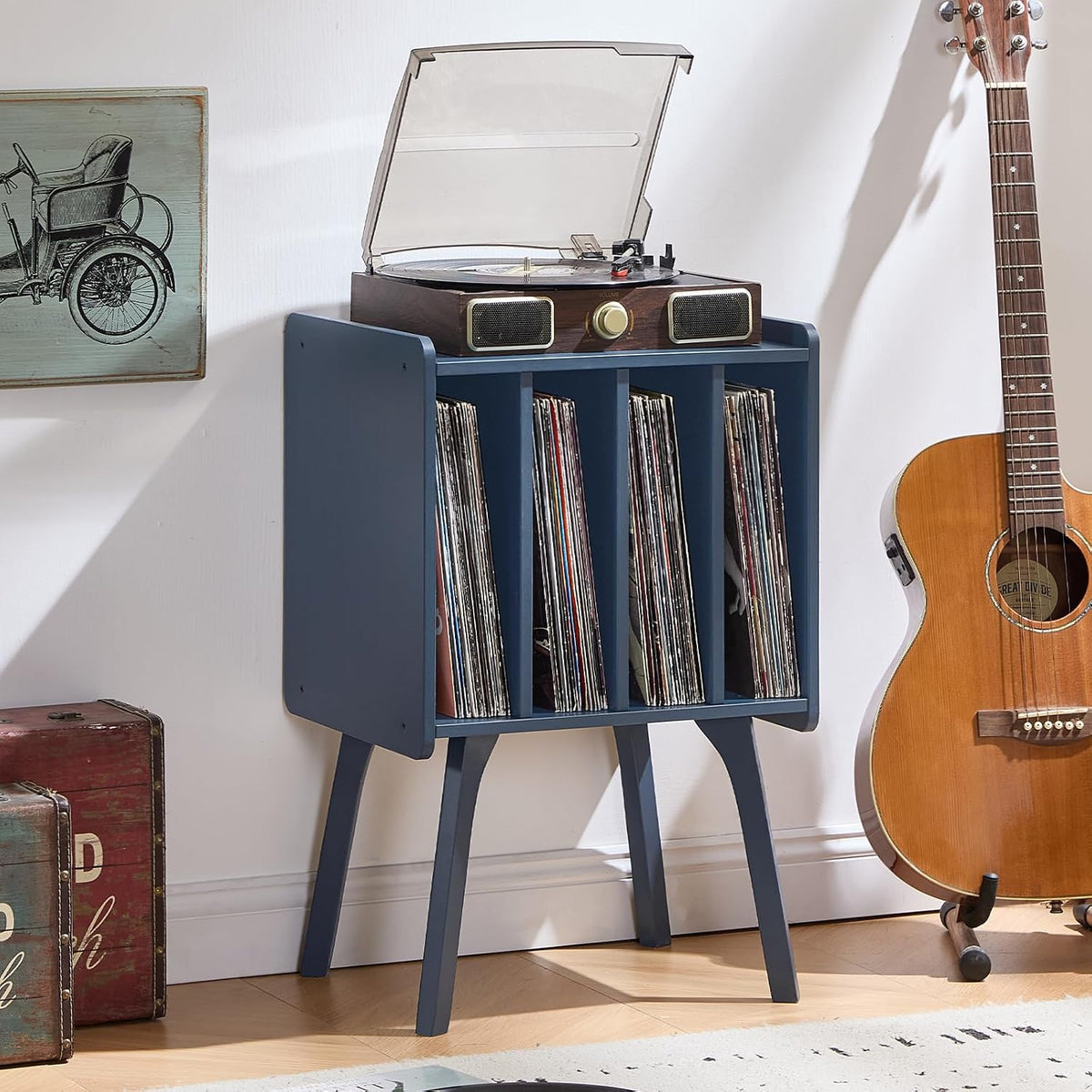 Record Player Stand, Blue Vinyl Record Storage Table for Albums | Mid-Century Modern Turntable Stand with Wood Legs, 4