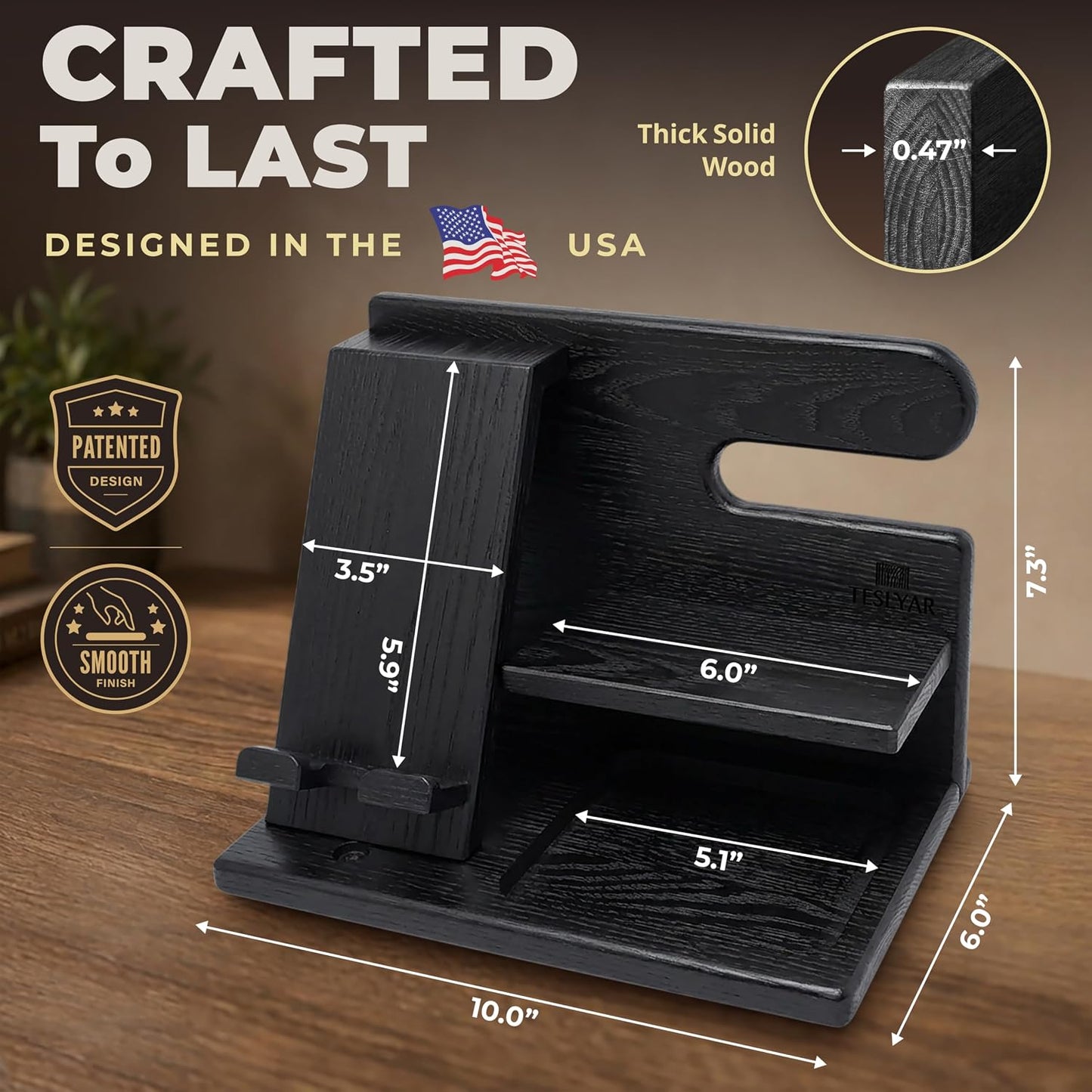 TESLYAR Wood Phone Docking Station for Men - Desktop or Nightstand Organizer - Birthday Gifts for Men, Dad