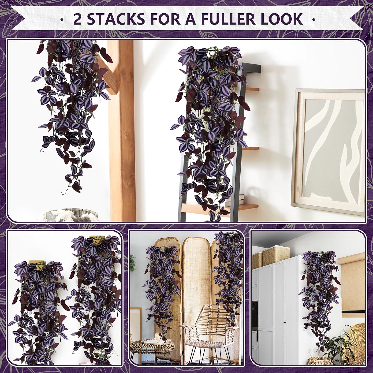 Faux Hanging Plant Artificial Greenery / Purple-eyed Hairy Leaf / Set of 2
