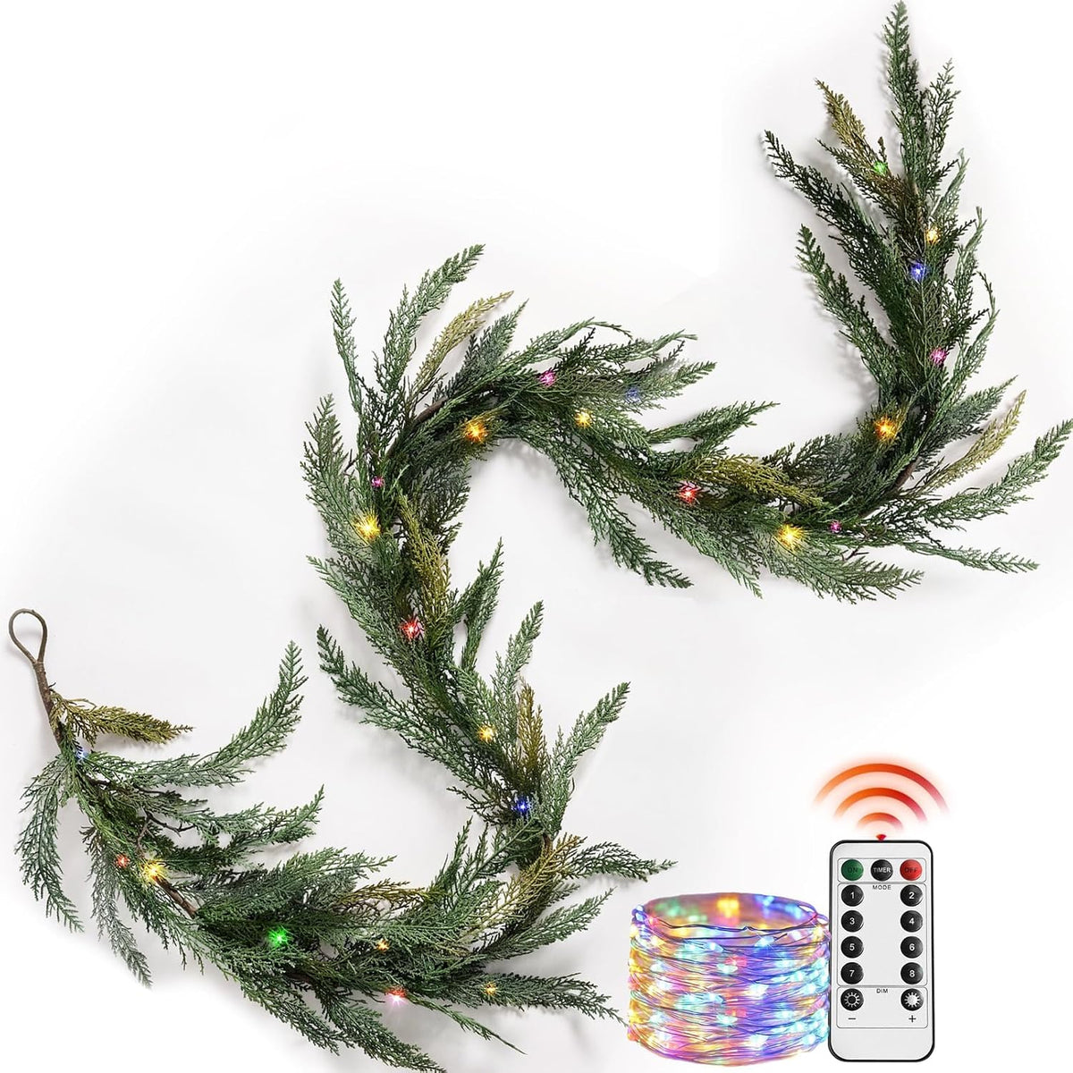 Christmas Cedar Garland Realistic with Lights - Cypress Decorations 9ft for Mantle Lighted Faux Pine Garlands for Xmas