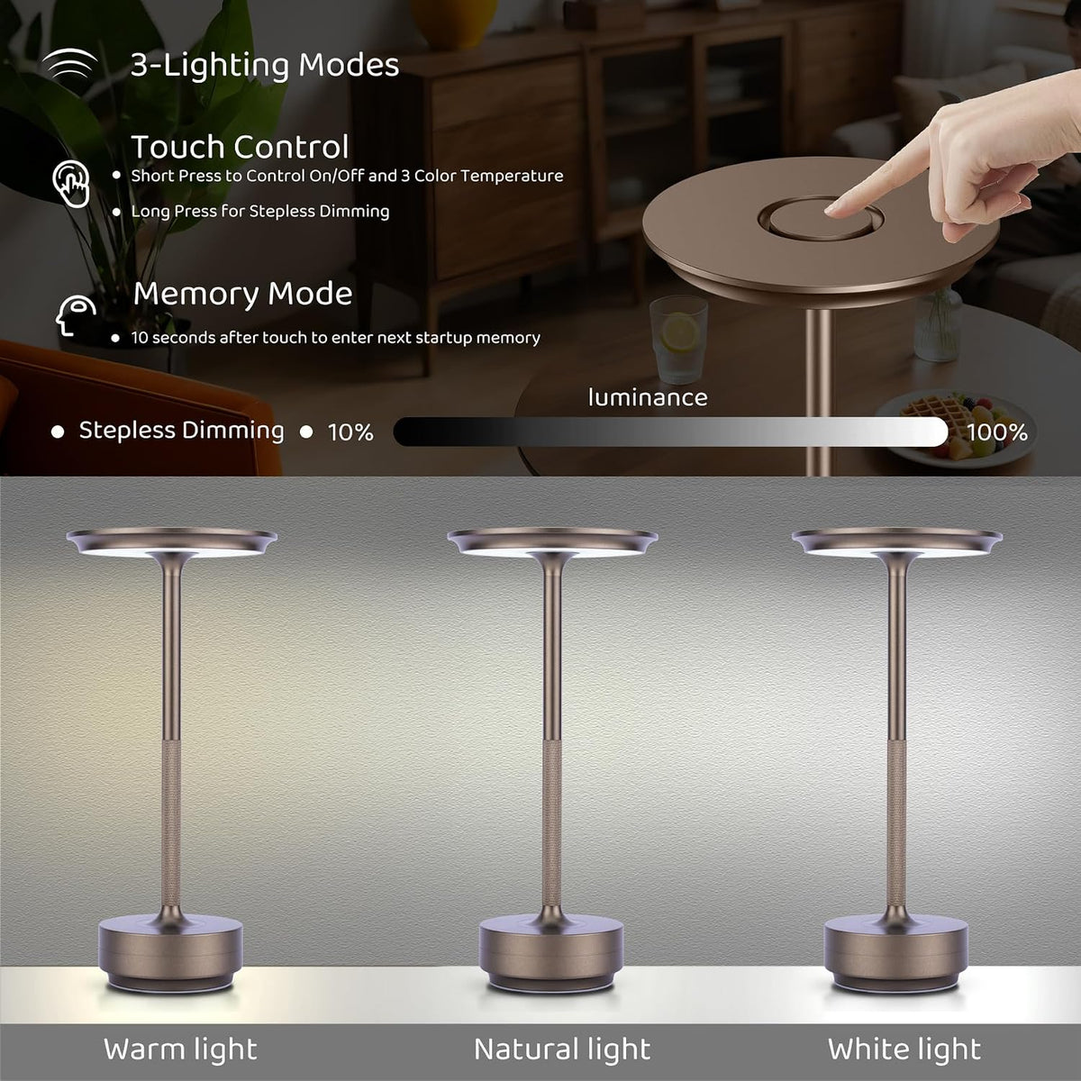 UdoUto 2-Pack Cordless Table Lamp Rechargeable-Coffee | 5000mAh Battery Operated, LED Table Light with Touch Stepless