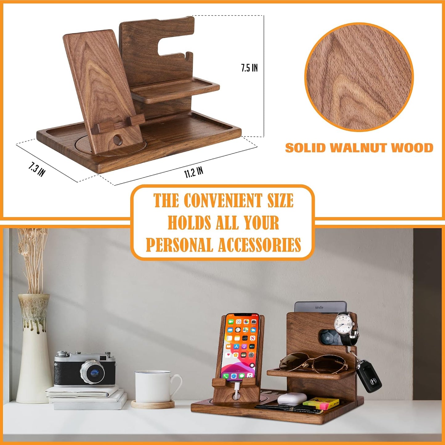 Personalized Gift for BoyFriend, Husband - Handmade Accessories Desk Organizer with Rotating Phone Stand, Watch Holder
