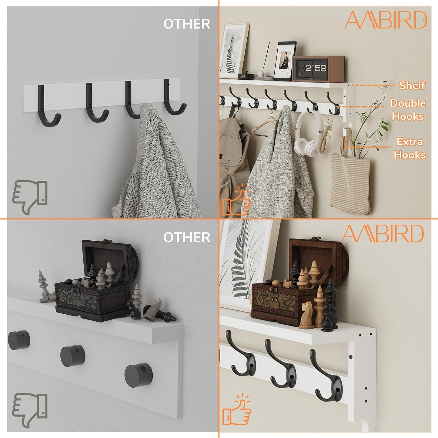 AMBIRD Coat Rack Wall Mount, 35 Inch Large Coat Hooks Wall Mounted with 7 Dual Metal Hooks and 2 Side Hooks, Wall Hooks