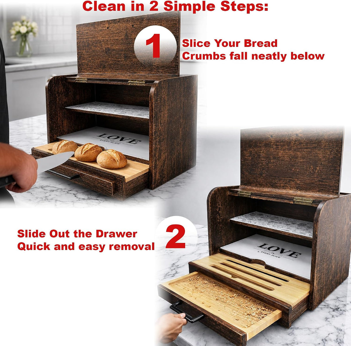 KNIFEPLANET Premium FULLY ASSEMBLED Rustic Bread Box – Extra Large Real Wood Bread Box for Kitchen Countertop Storage