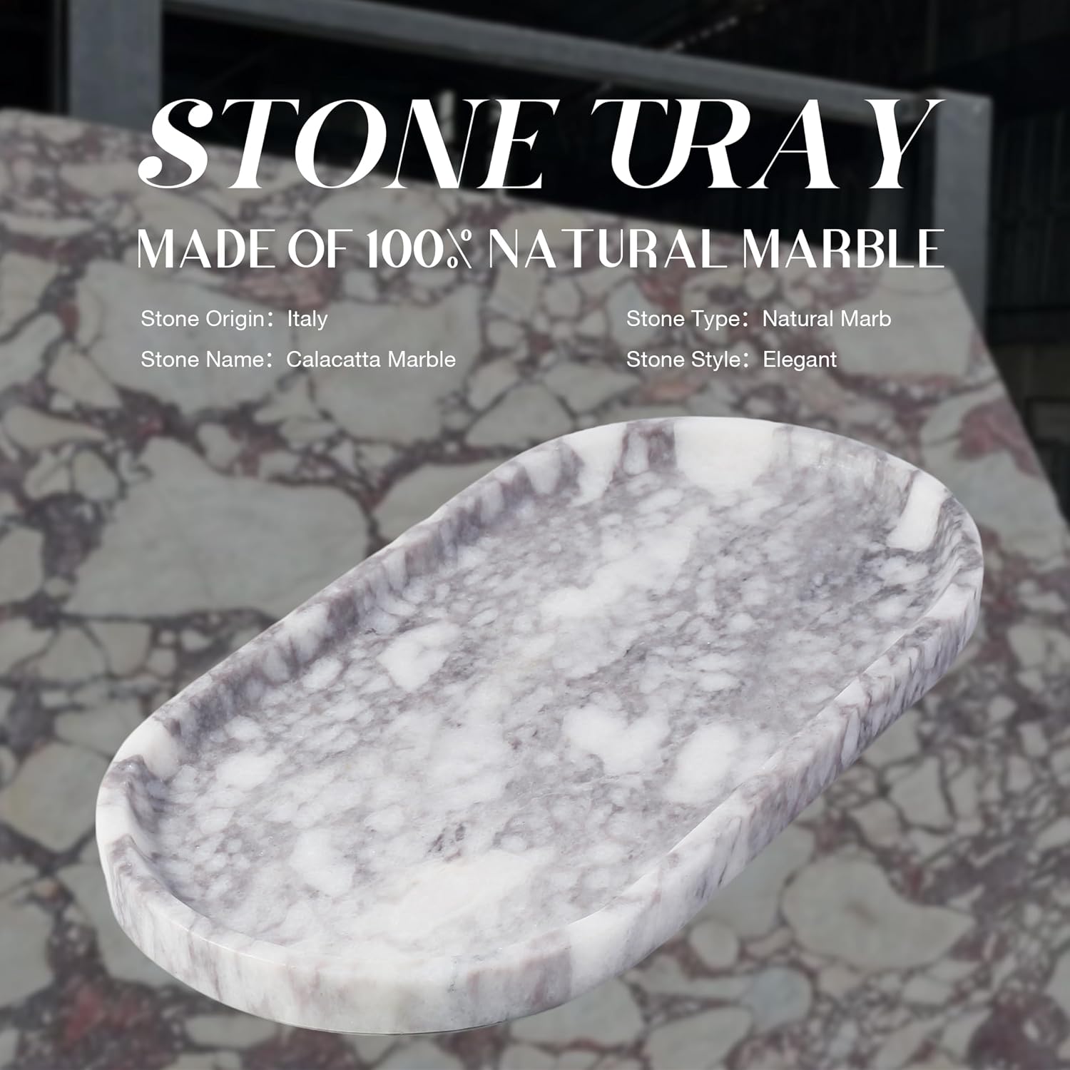 Real Natural Marble Vanity Tray / Calacatta Viola White / 10 x 5 x 0.7