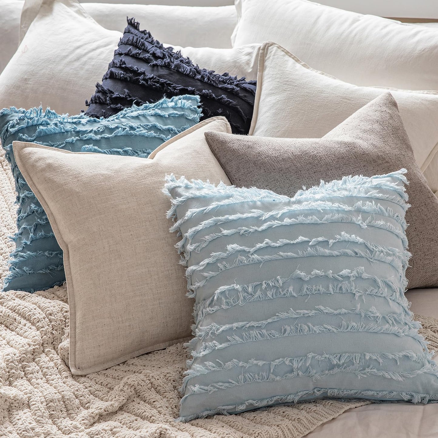 Decorative Boho Throw Pillow Covers Linen Striped Jacquard Pattern / 18 x 18 / Navy Blue / Set of 2