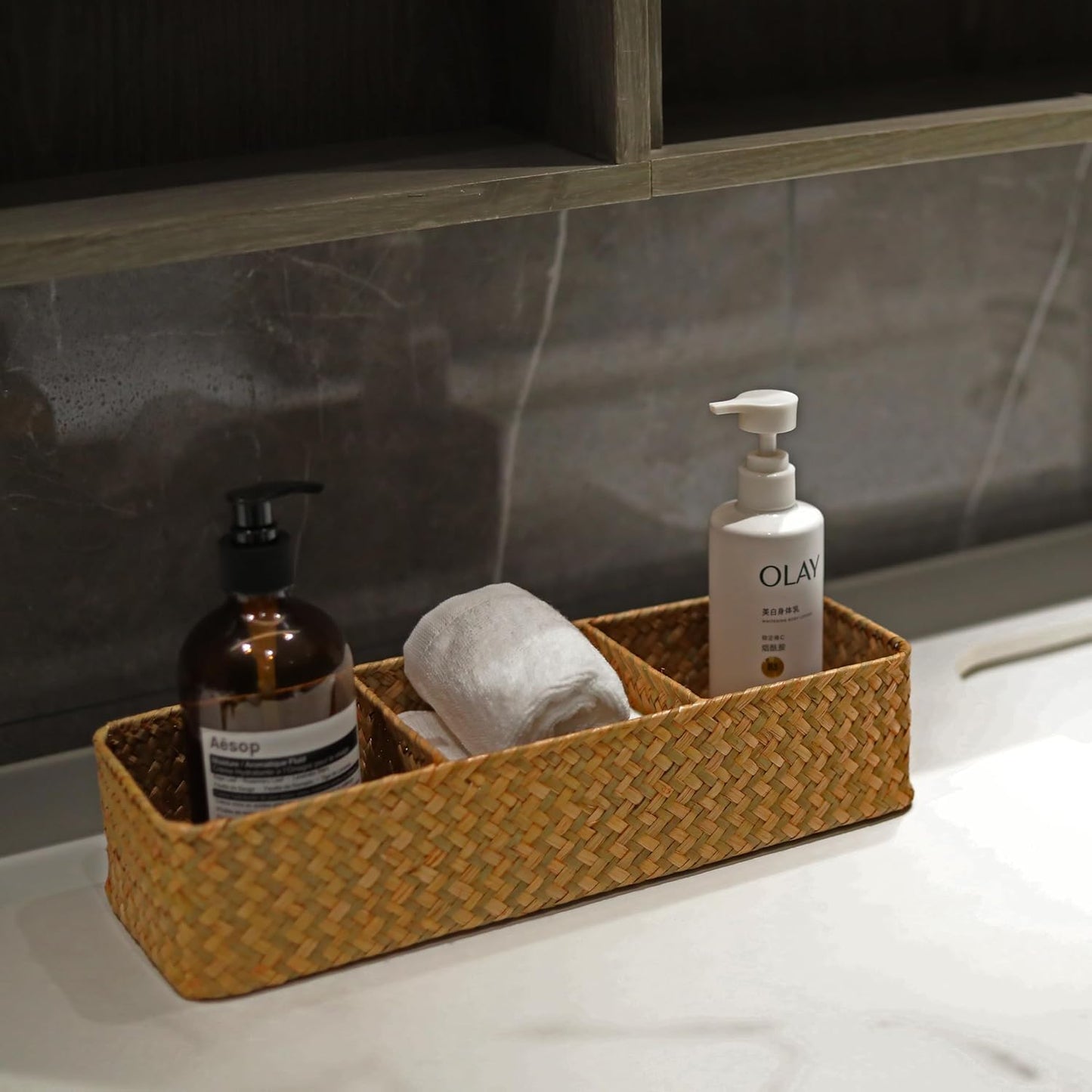 Seagrass Storage Basket 3 Sections Woven Shelf / Natural 3 Sections Without Lid / 14.6 x 4.7 x 3.1