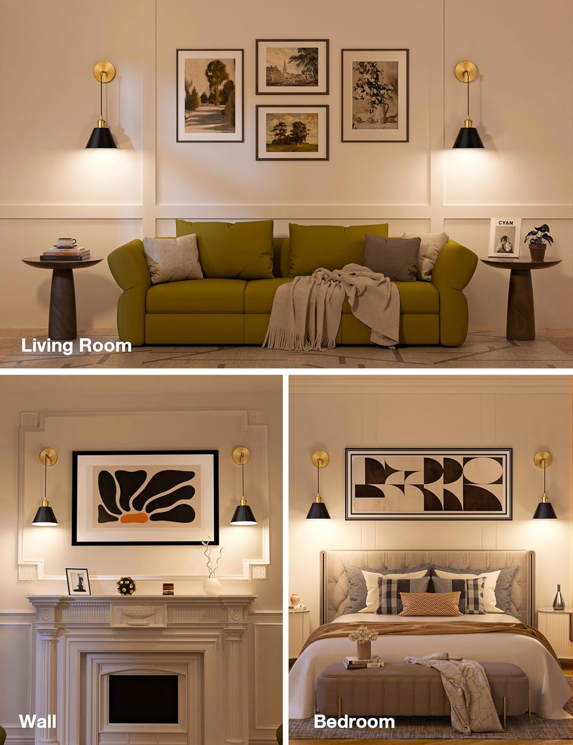 Gold & Black Battery Operated Wall Sconce Set of 2, 5200mAh Dimmable Detachable Bulbs and Remote Wireless Rechargeable
