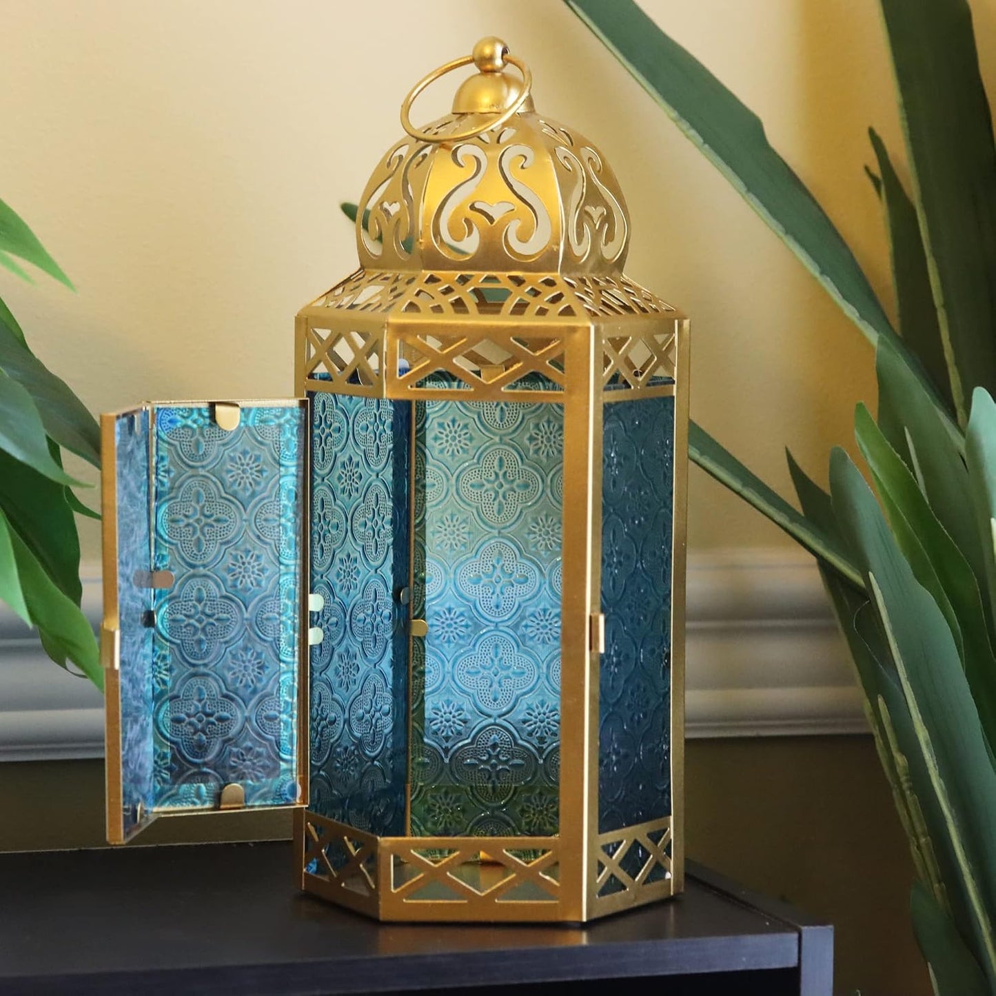 VELA LANTERNS 12" Gold Metal Moroccan Decorative Candle Lantern Holder for Hanging or Table Centerpieces, Exotic Indoor