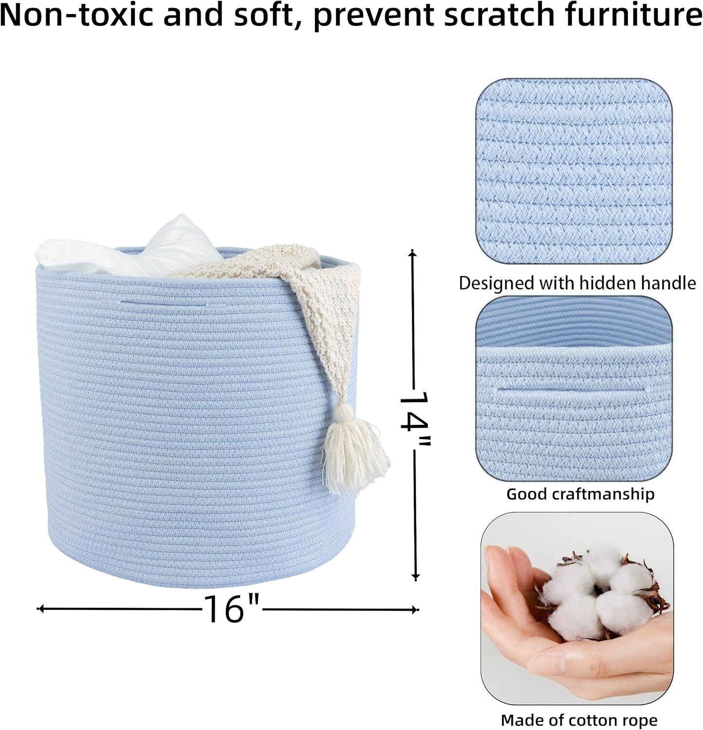 Cotton Rope Basket For Girls Boys Kids " Baby Laundry Baskets Nursery Bin Round / Blue / 16 x 14