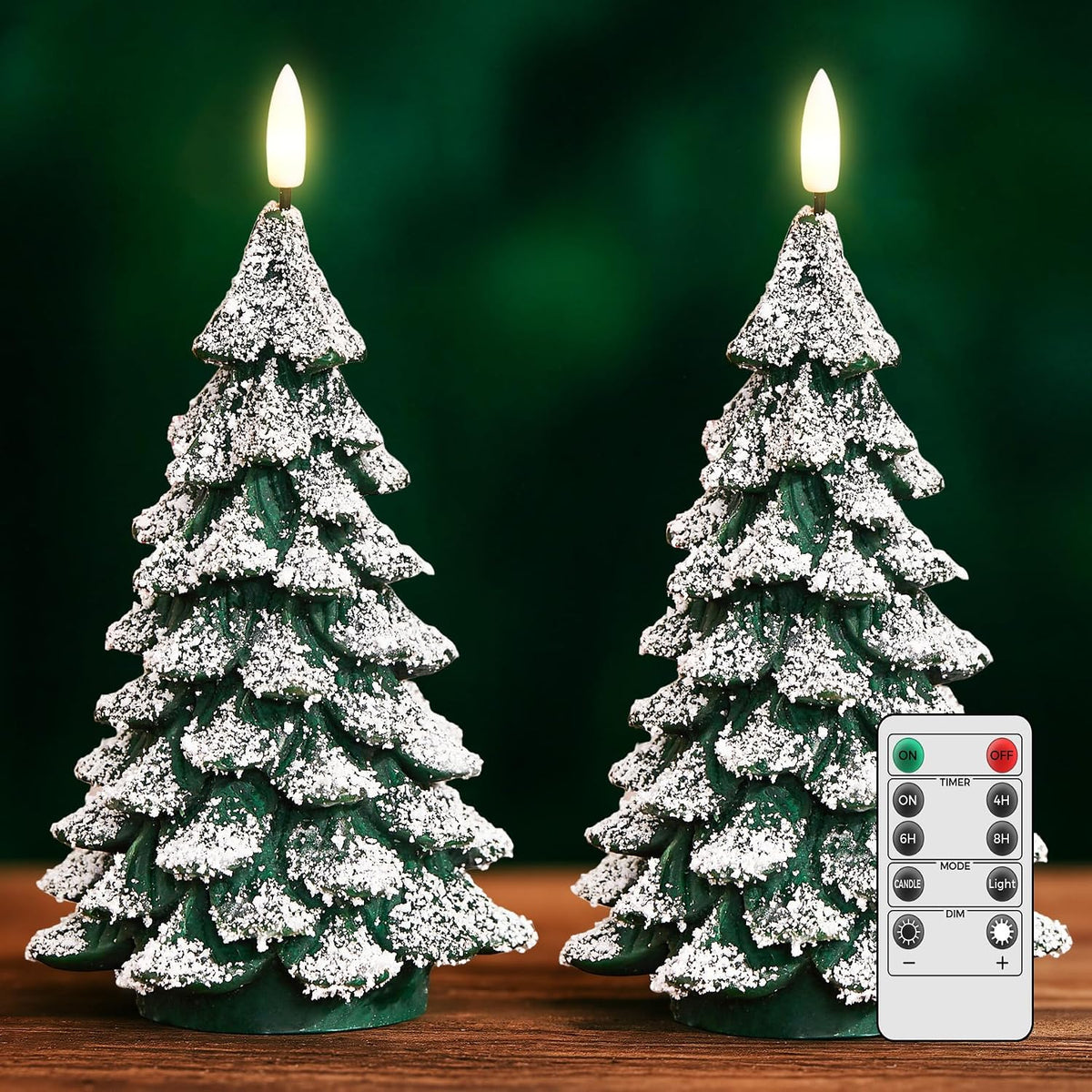 Christmas Tree Candles Covered in Snow with Remote, 2 Pcs Waxy LED Flameless Candles Flickering, Green Electric Candles Battery Operated for New Year Celebration Holiday Decorations 8.5 Inches