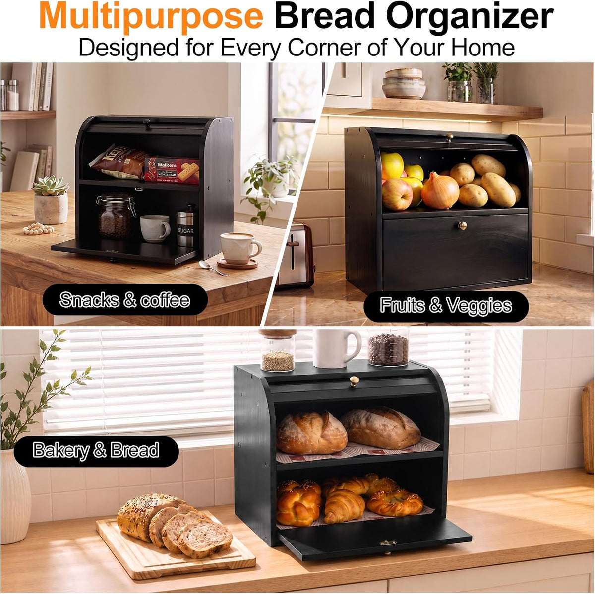 Alpeir Roll Top Bread Box with Cutting Board for Kitchen Countertop, Black | Large Breadbox with Ventilation Holes