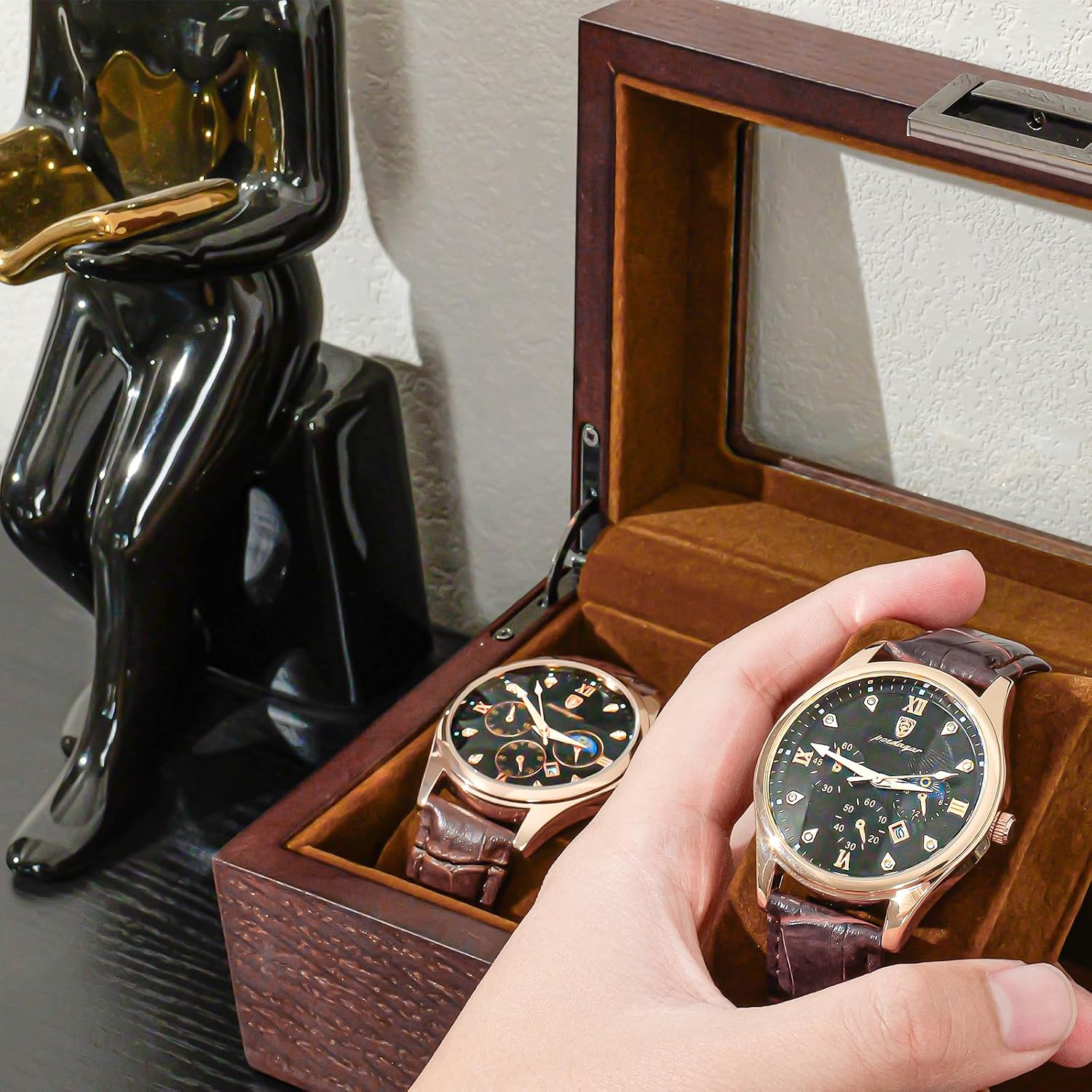 ProCase Wooden Watch Box, 3 Slot Mens Watch Display Case, Espresso | Wood Watches Holder Storage Organizer with Clear