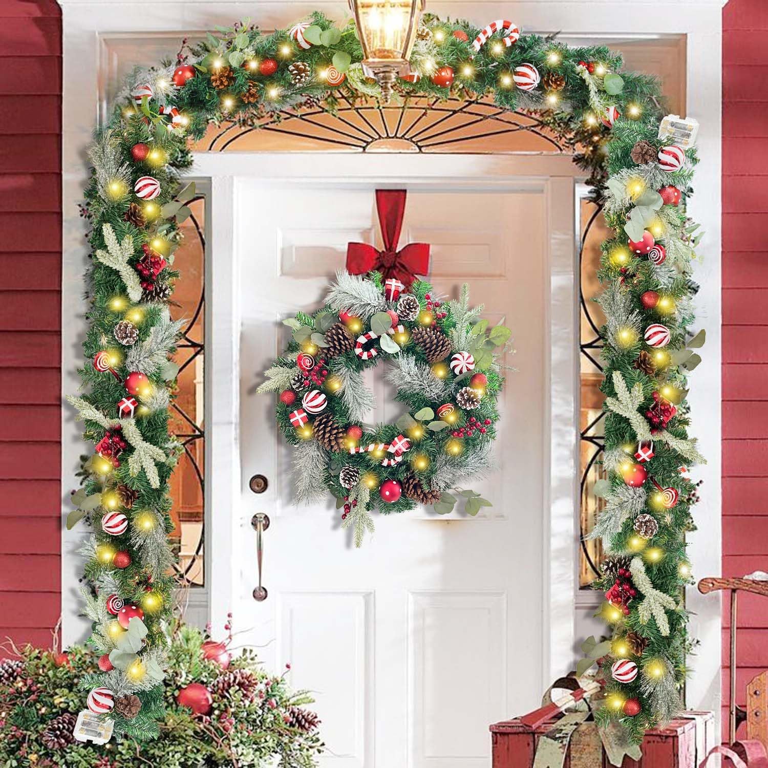 WANNA-CUL Pre-Lit 6ft Red White Christmas Garland with 30 LED Lights | Candy Cane Xmas Lighted Garland for Mantel with