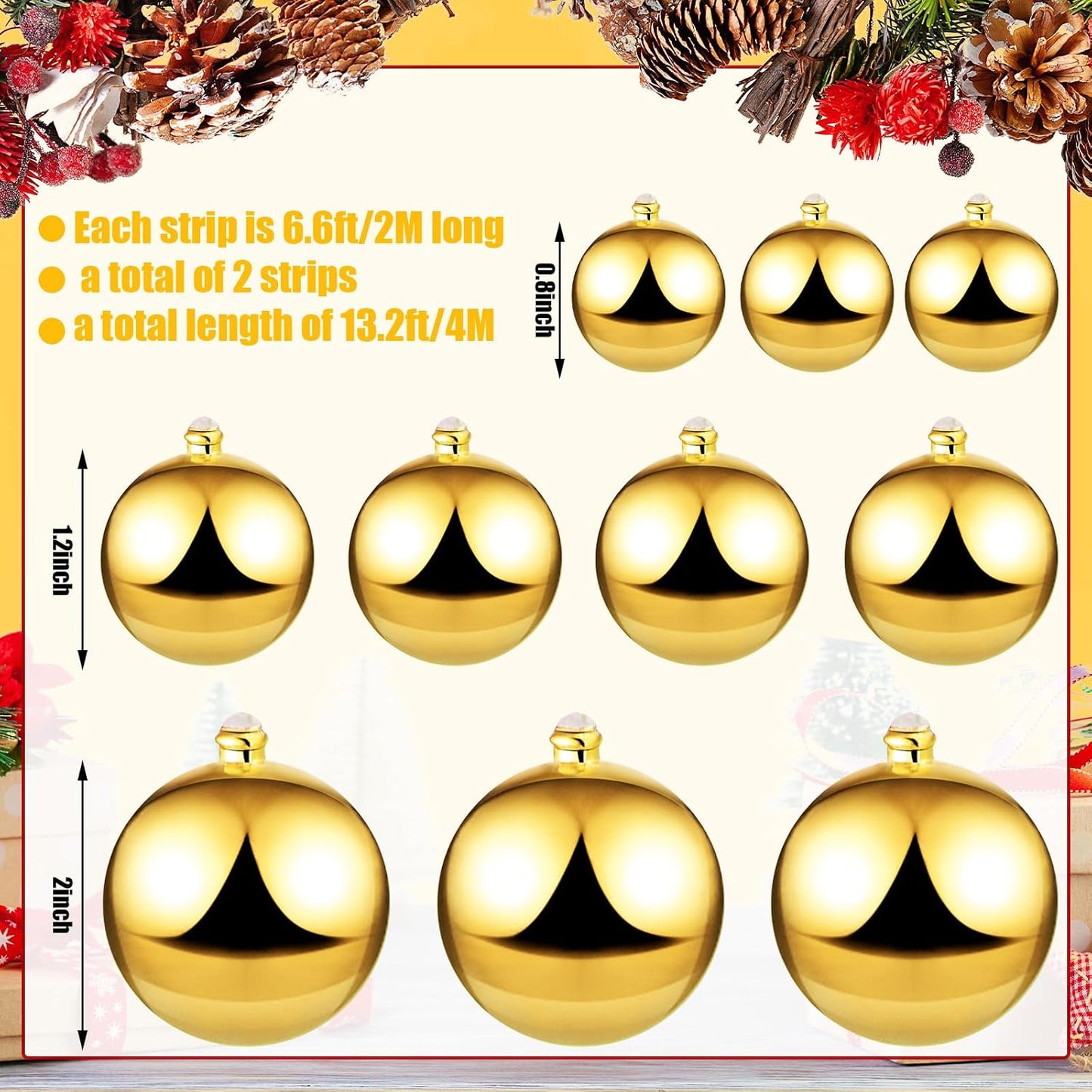 2 Pcs 6 ft Christmas Ball Ornament Garland, Gold | Bauble Bulb Christmas Tree Ball Decoration Shatterproof Ornaments